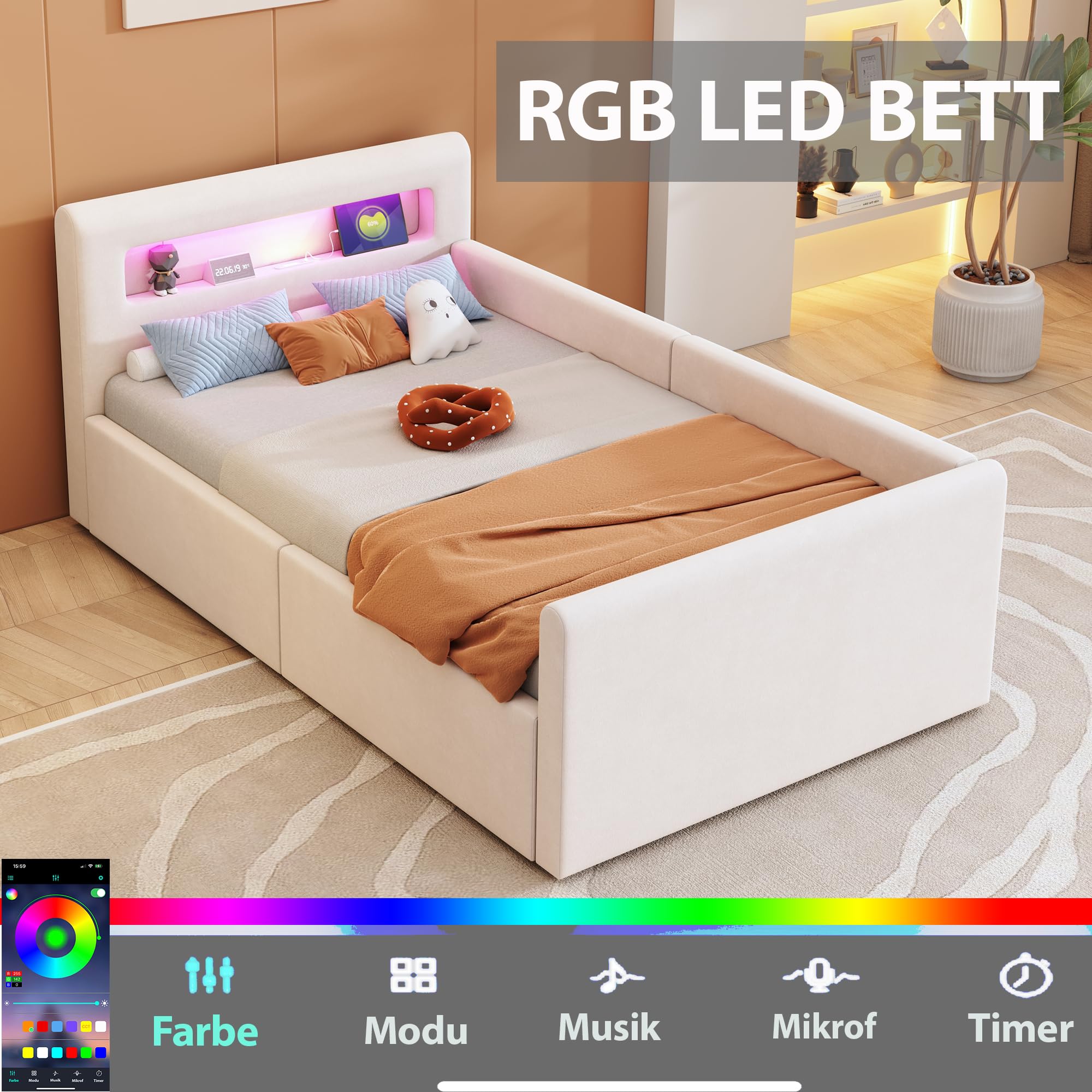 Lubvtti Letto singolo imbottito 90×200cm, Letto contenitore con luce LED e porta USB, Con vano portaoggetti, Letto per bambini con vano contenitore idraulico, Velluto, Beige (materasso non incluso)