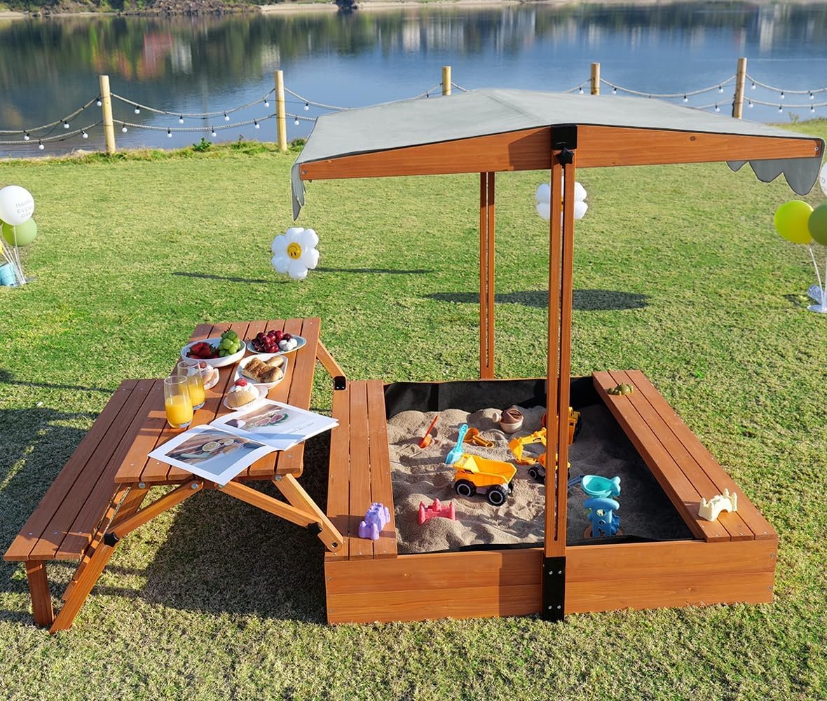 FunXplore Wooden Kids Sandbox with Lid, Cover & Canopy, Outdoor Sandpit with Picnic Table, Foldable Design, Bottom Liner, Backyard Garden Play for Ages 4-8, 76.4" L x 47.2" W x 51" H