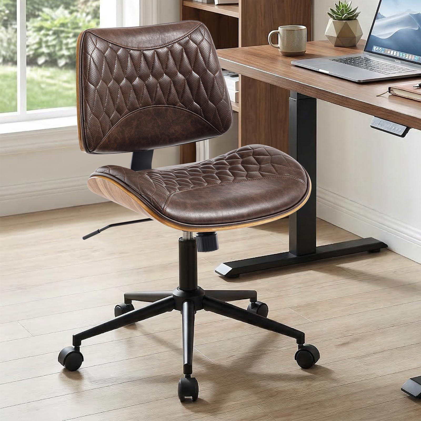 KBEJDBS Walnut Bentwood Mid Back Armless Office Chair 1 Pack, Adjustable Height PU Leather Swivel Desk Chair with Wheels, Rolling Computer Task Chair