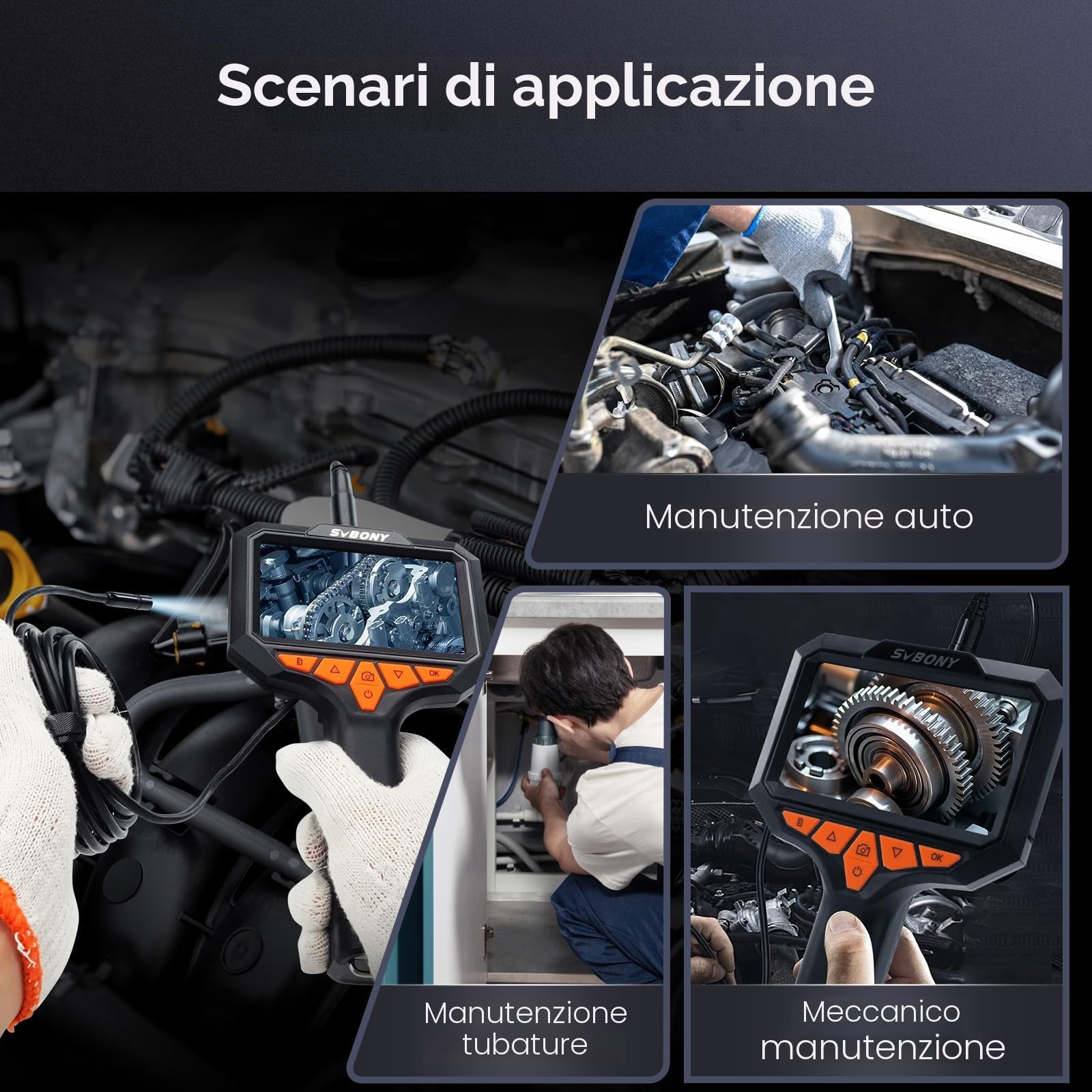 Svbony SM501 Telecamera Endoscopica, Schermo IPS 4,3'', Scheda 32GB, Registrazione Video HD e Foto Nitide, IP67 Impermeabile, 8 LED, per Tubi, Motore Auto, Scarichi e Casa