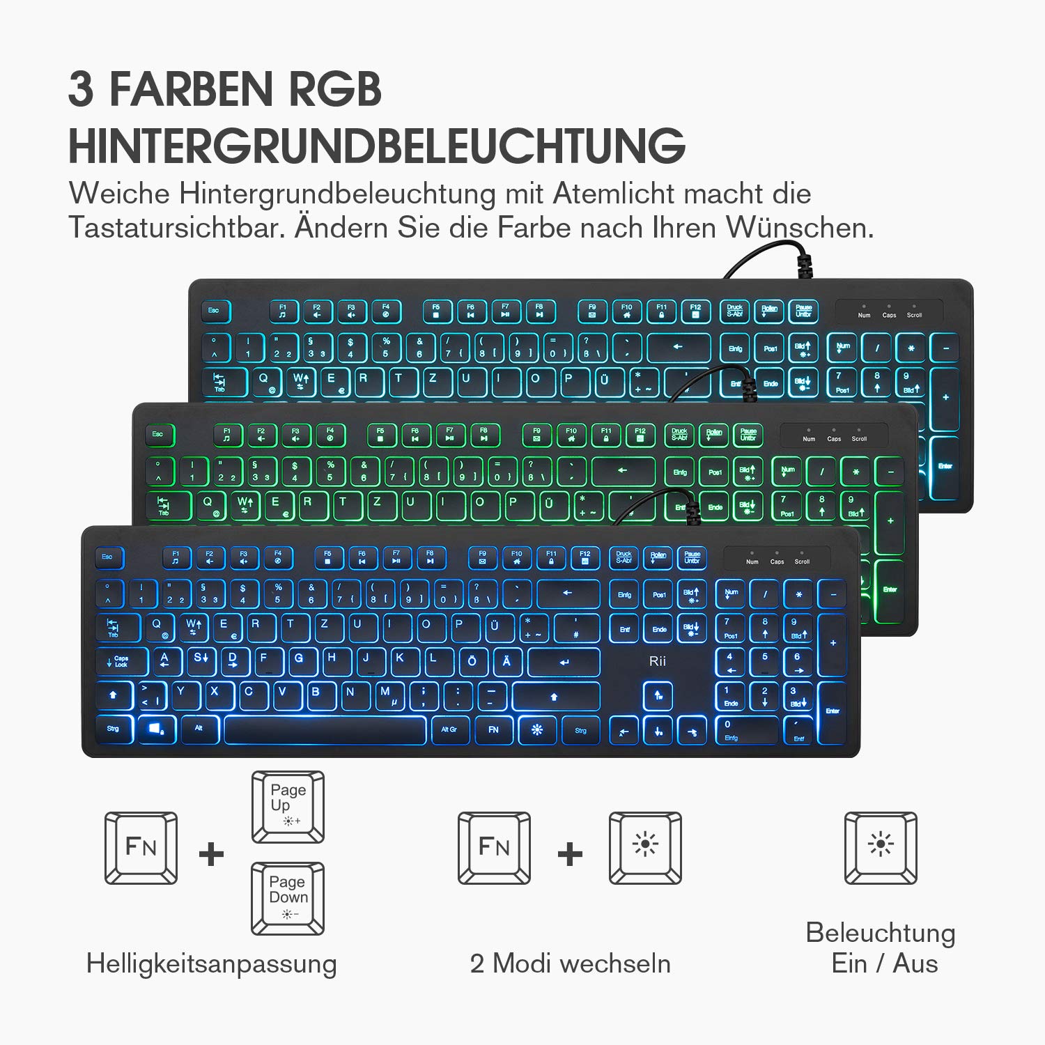 Rii Gaming Tastatur und Maus Set mit Kabel, 3 LED Hintergrundbeleuchtung QWERTZ (DE-Layout), Kabelgebundene Tastatur mit Maus für PC, Computer, Laptop, Schwarz