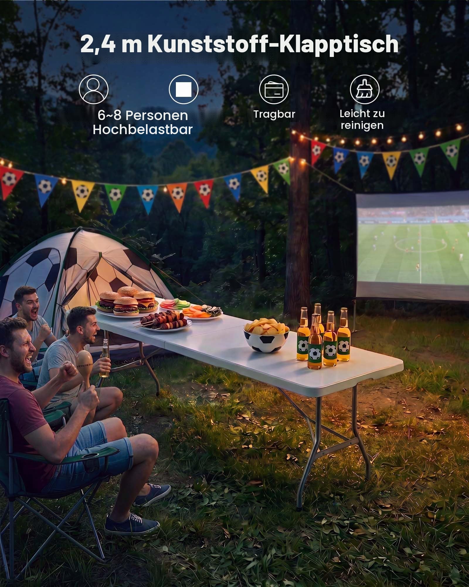 VEVOR Klapptisch Buffettisch tragbarer Allzwecktisch 244 cm, rechteckiger Kunststofftisch (für 6-8 Personen) mit integriertem Griff, Gartentisch Campingtisch für Partys Picknick Camping, weiß