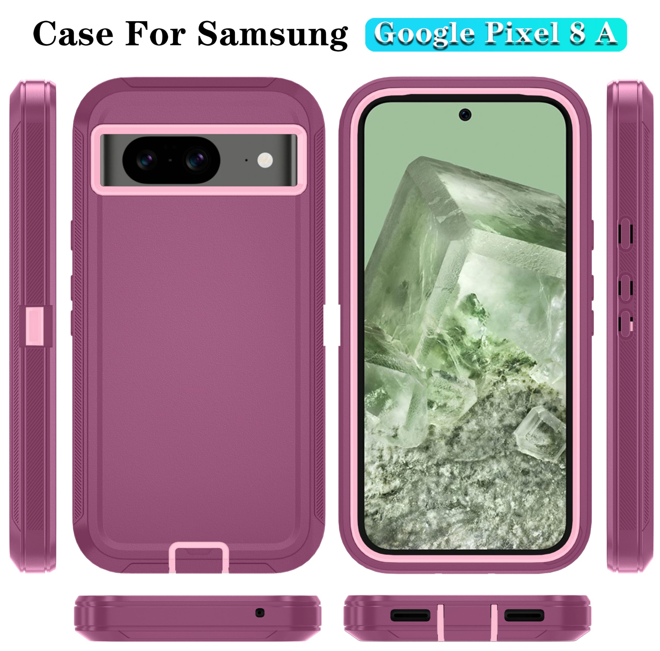 Qinmay Phone Case for Google Pixel 8A Case with HD Screen Protector, Heavy Duty Shockproof & Dropproof 3-Layer Cover Phone Case for Pixel 8A,WineRedPink