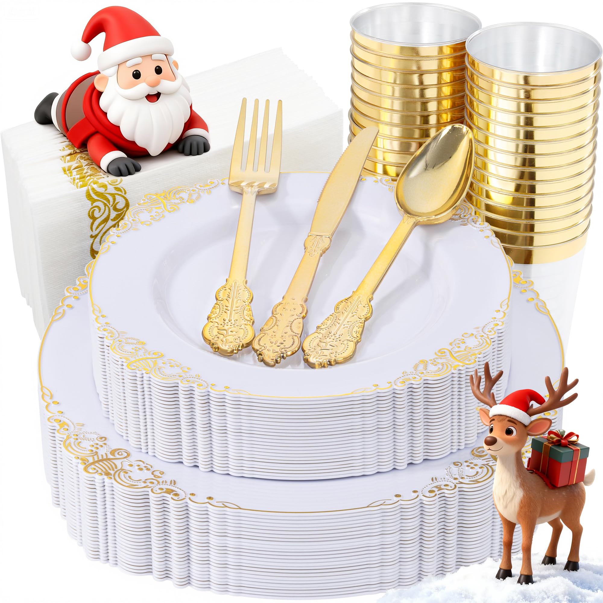 Nervure 175PCS White and Gold Plastic Plates - Disposable Dinnerware Set Include 50 Gold Plates for Dinner and Dessert, 75 Cutlery, 25Cups 25Napkins for Wedding & Party & Thanksgiving