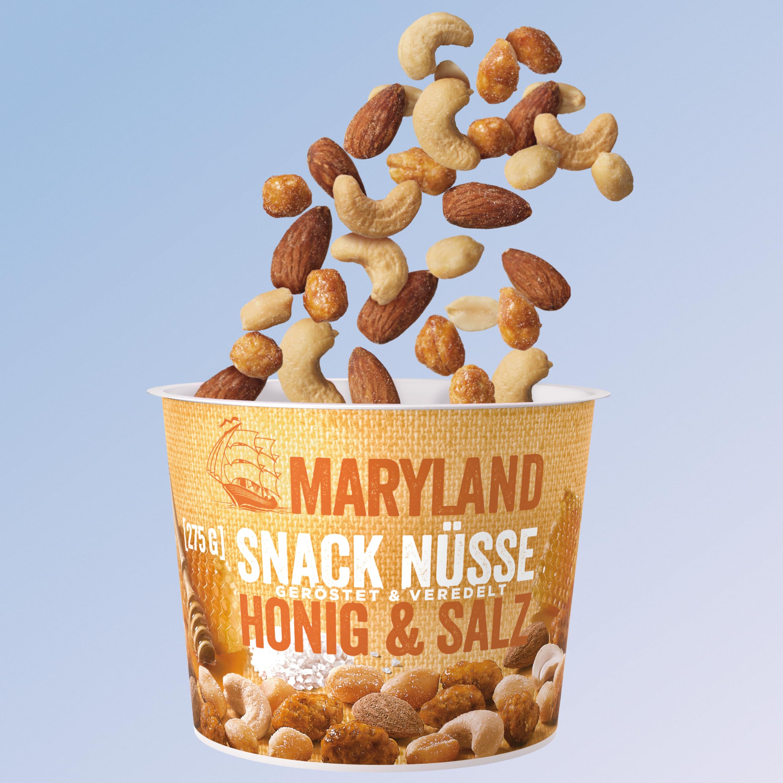 Maryland Snack Nüsse Honig & Salz 275g Becher Vorratspack - Erdnüsse, Cashewkerne und Mandeln in Nussmischung - Süß & salzig - wiederverschließbarer Becher (6 x 275g)