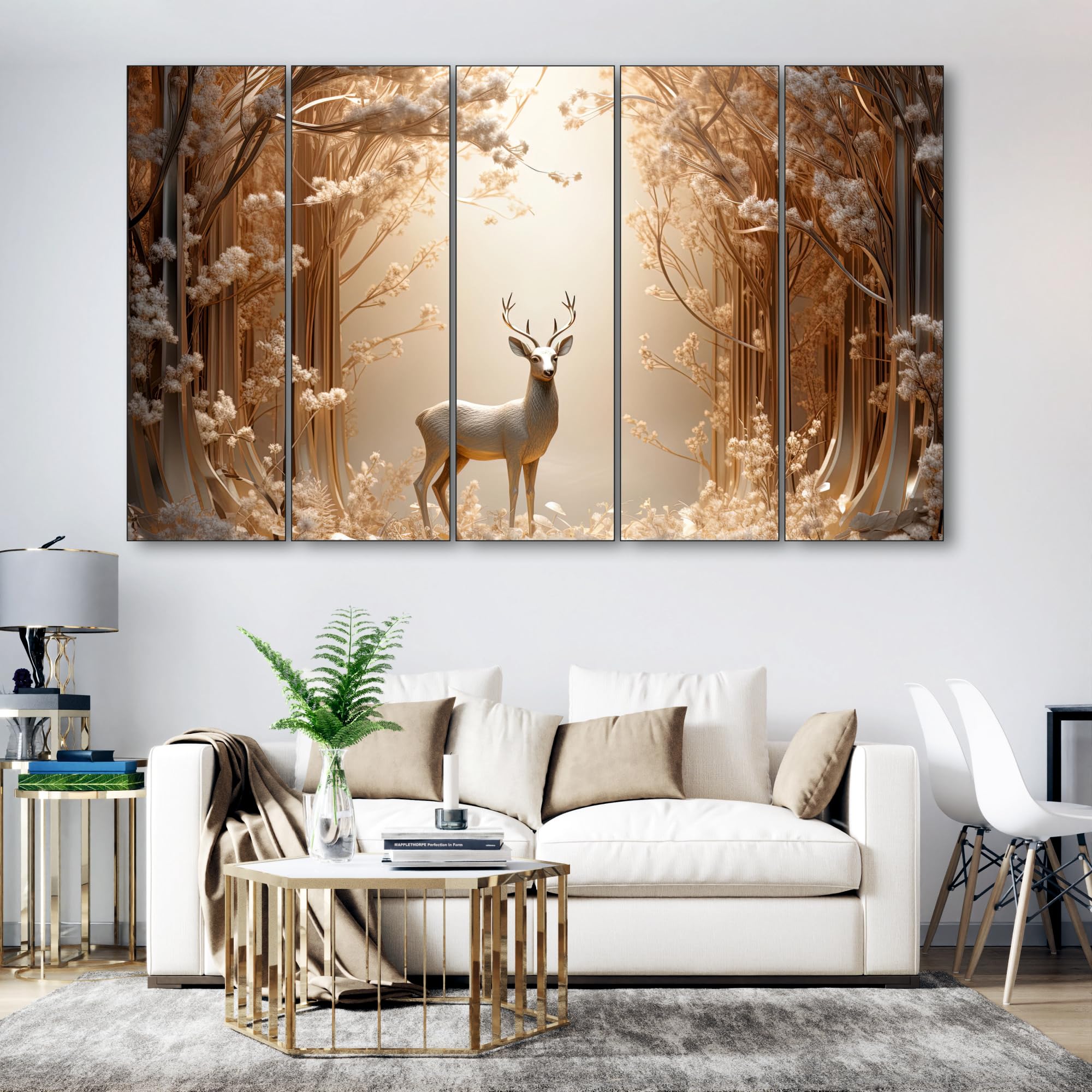 The Castle Decor Golden Deer Wall Painting for Living Room Big Size - Deer Wall Painting for Bedroom, Office, Drawing Room, Hotel - Elegant Wall Decor Art for Home Decoration, Gifting (27x48 inch)