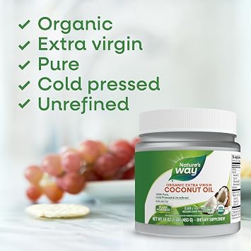 Nature's Way Organic Extra Virgin Coconut Oil, Pure, Cold-Pressed Organic Virgin Coconut Oil, Hexane Free, Gluten Free, Contains 62% MCTs(1), Non-GMO Project Verified, 32 Oz