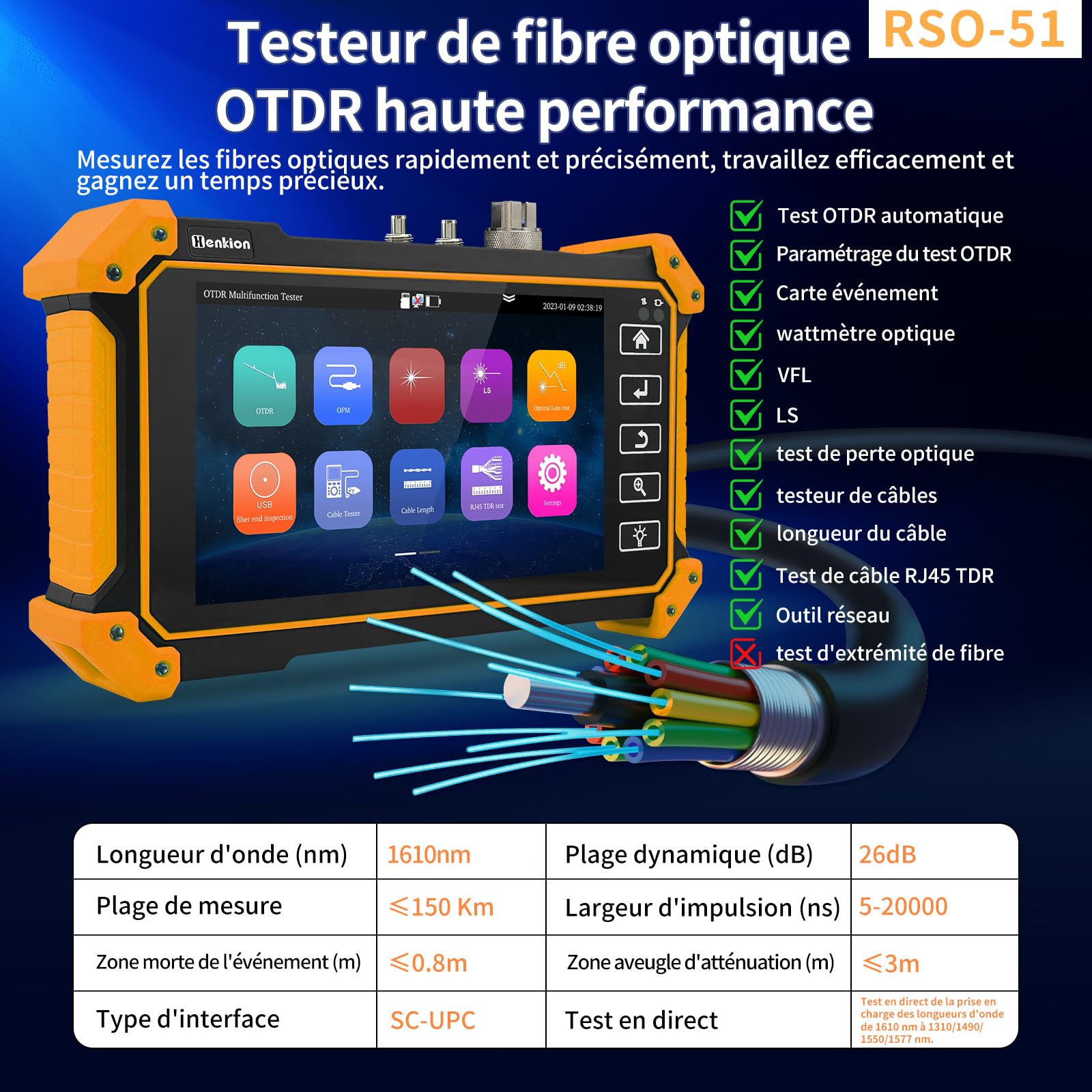 Henkion OTDR Testeur de fibre optique 1610 nm 26 dB Testeur de fibre optique 1310/1490/1550/1577 nm Test de fibre optique OPM LS OLS, Event Map, Testeur de câble, outils réseau, 8 types d'adaptateurs