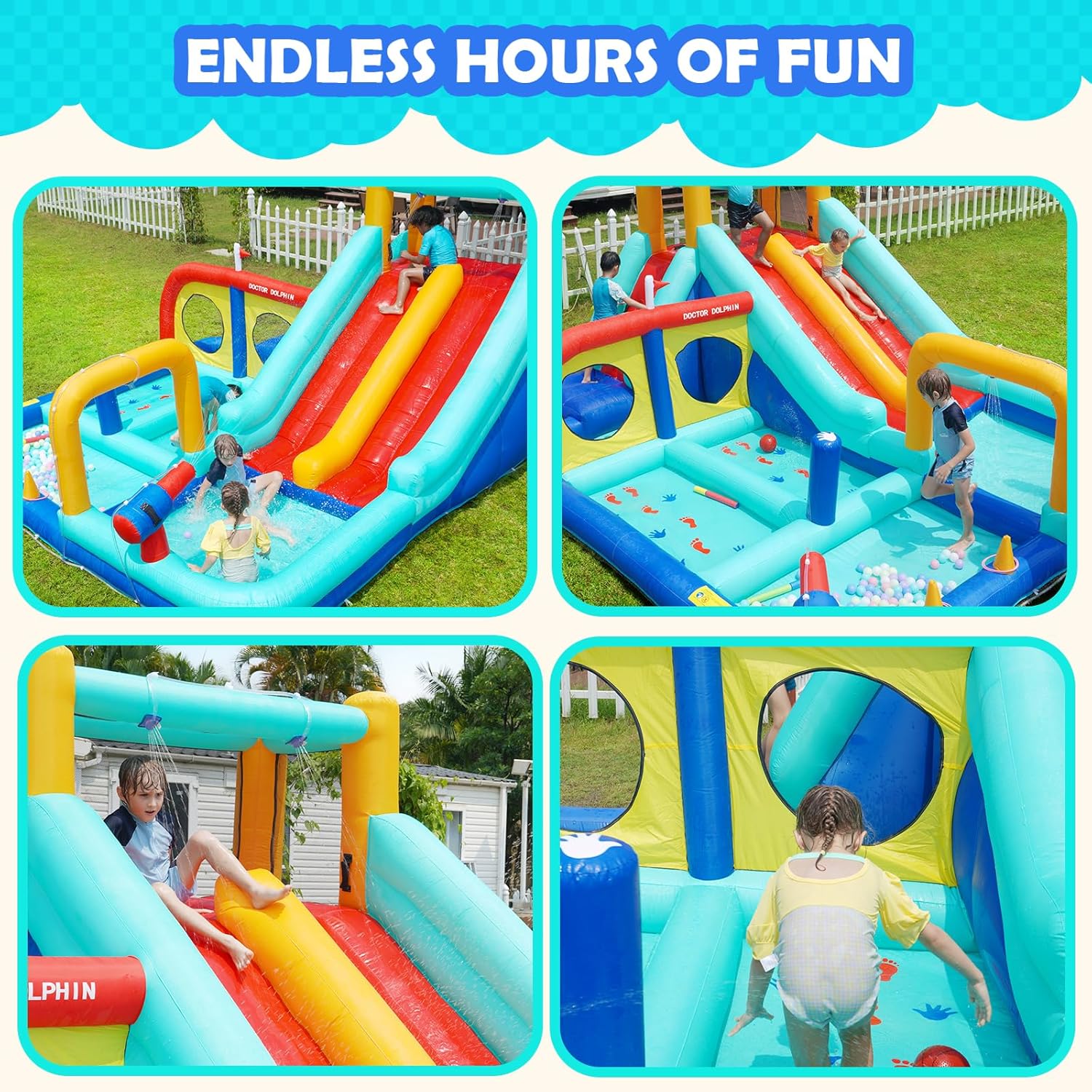 Doctor Dolphin Inflatable Water Slide, Waterslide Bounce House for Kids, Water Bounce House with Slide, Blow Up Water Park Backyard Outdoor for Wet and Dry