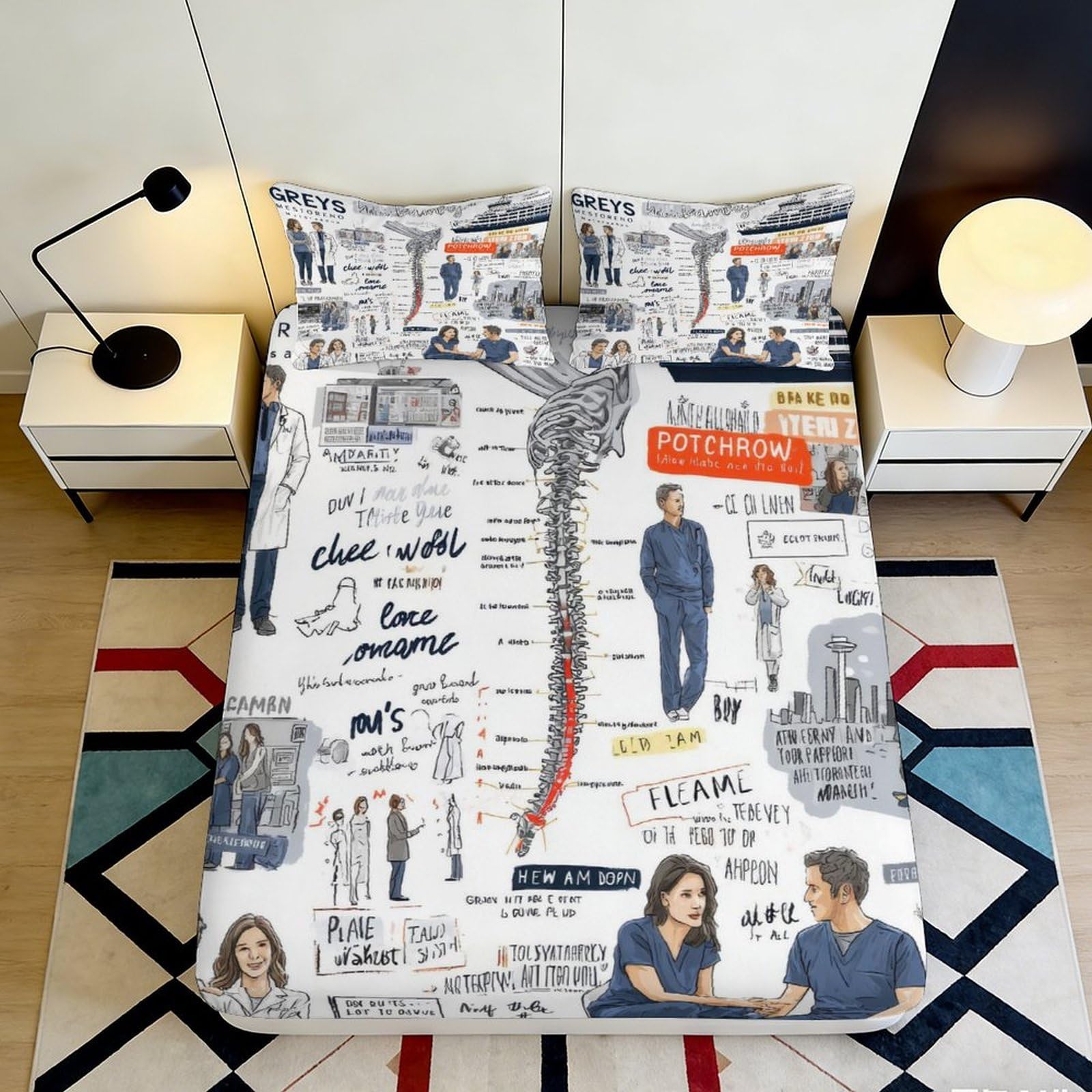 3D Printed Medical Sketch Fitted Sheet Microfiber Anatomical Spine Bed Cover for Bedroom Dorm Easy Care Decor 90x200x25cm