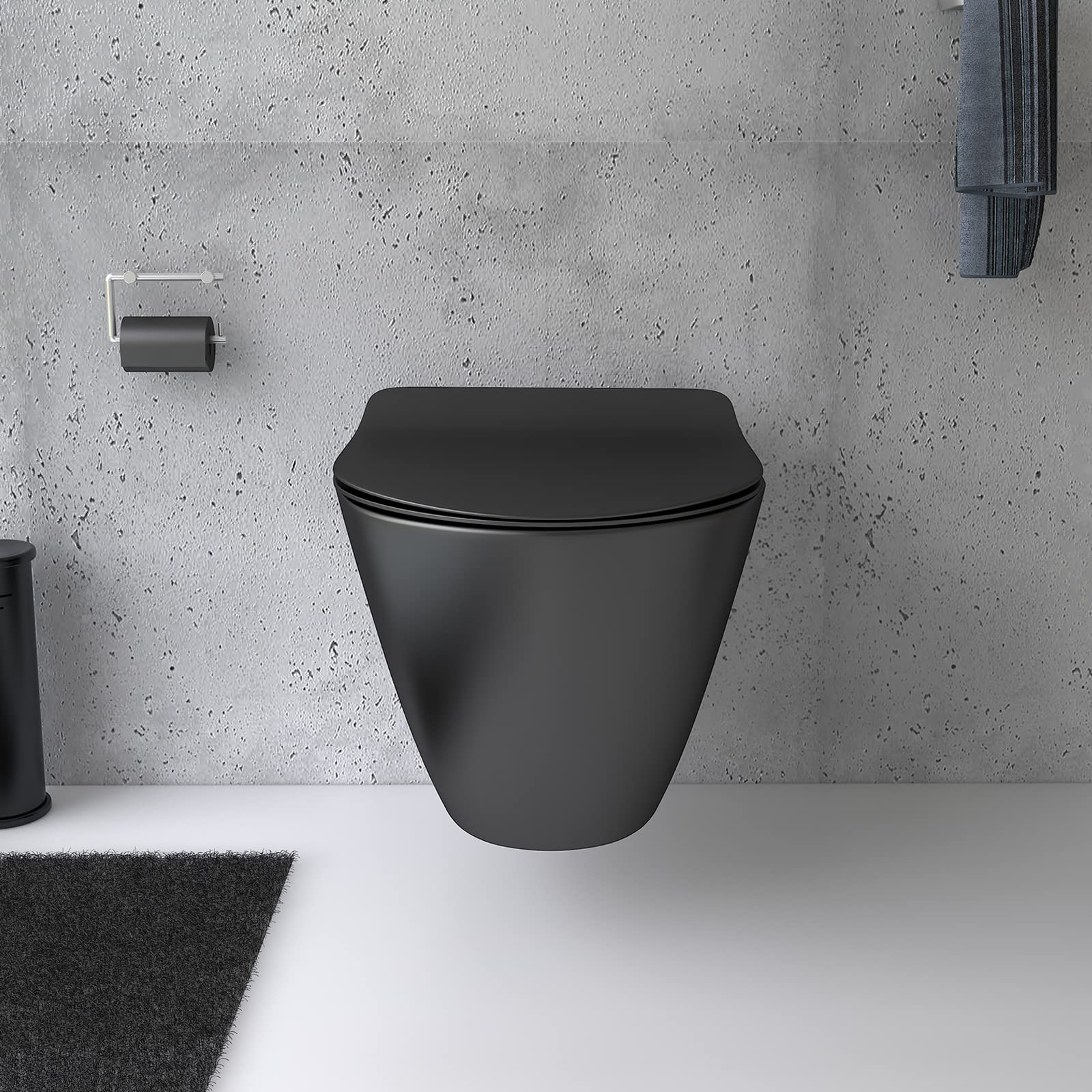 Alpenberger Hänge WC Spülrandlos in Schwarz Matt | Gäste WC Kloschüssel & Toilettendeckel mit Absenkautomatik | Keramik Toilette mit Nano Beschichtung | Wand WC Set Passend zu Geberit (Insara 9025)