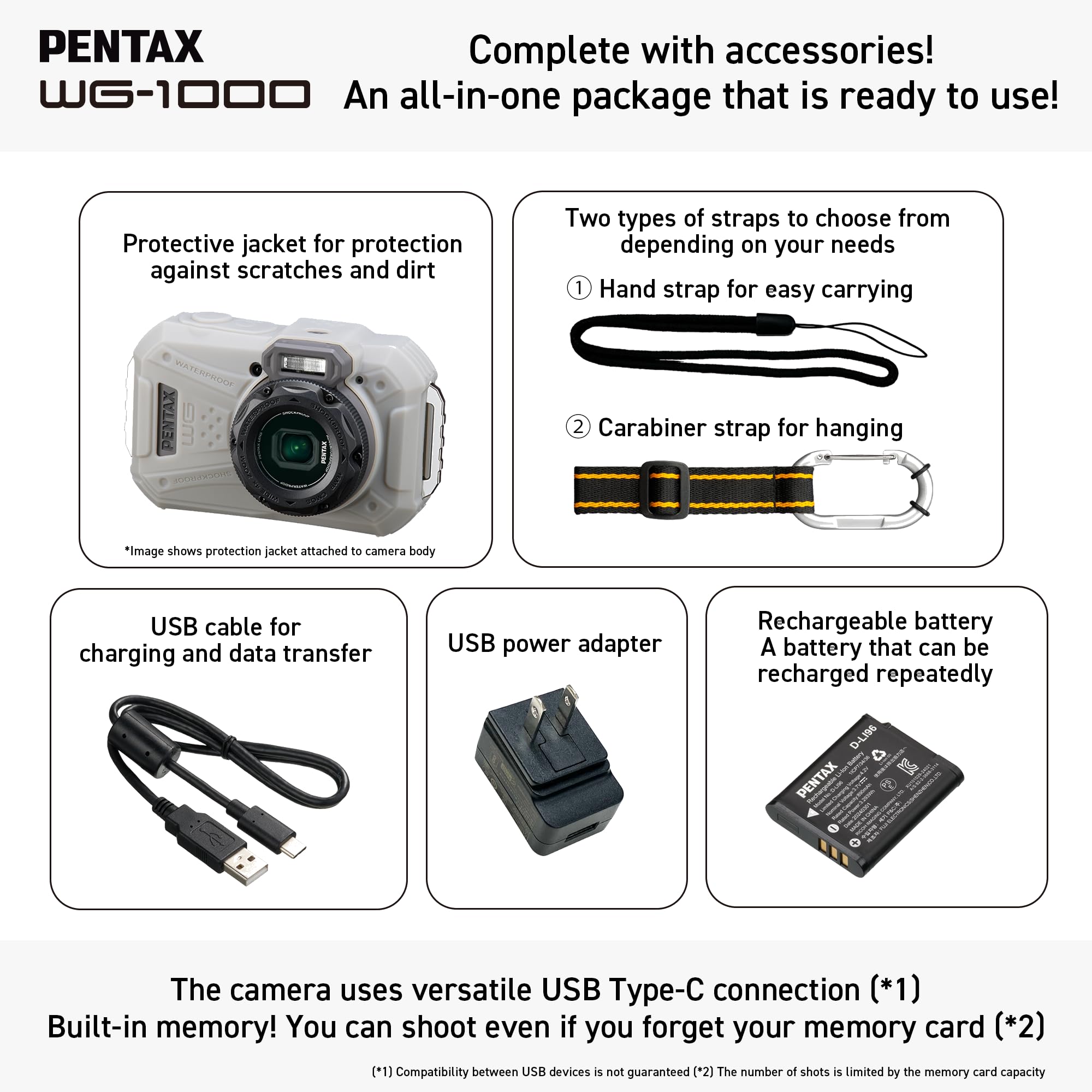 Appareil Photo numérique Compact étanche PENTAX WG-1000 (Gris), conçu pour la Photographie décontractée en extérieur et sous-Marine, étanche jusqu'à Une Profondeur de 15 mètres, jusqu'à Une Heure