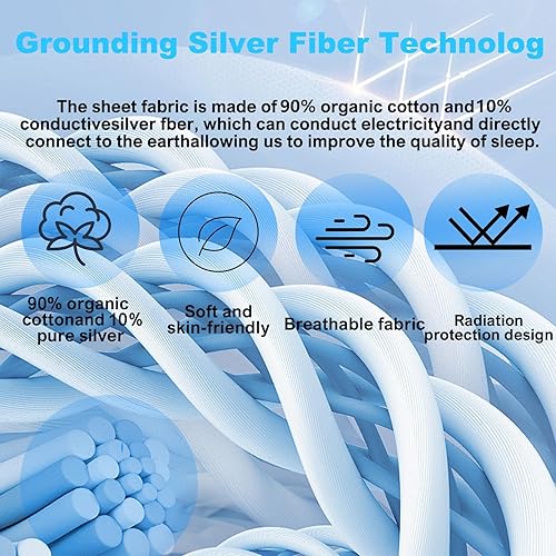 Miniatura 3 de Grounding Sheets King, 90 % algodón orgánico + 10 % fibra de plata pura, juego de sábanas con tierra de bolsillo profundo, alivia el dolor, se