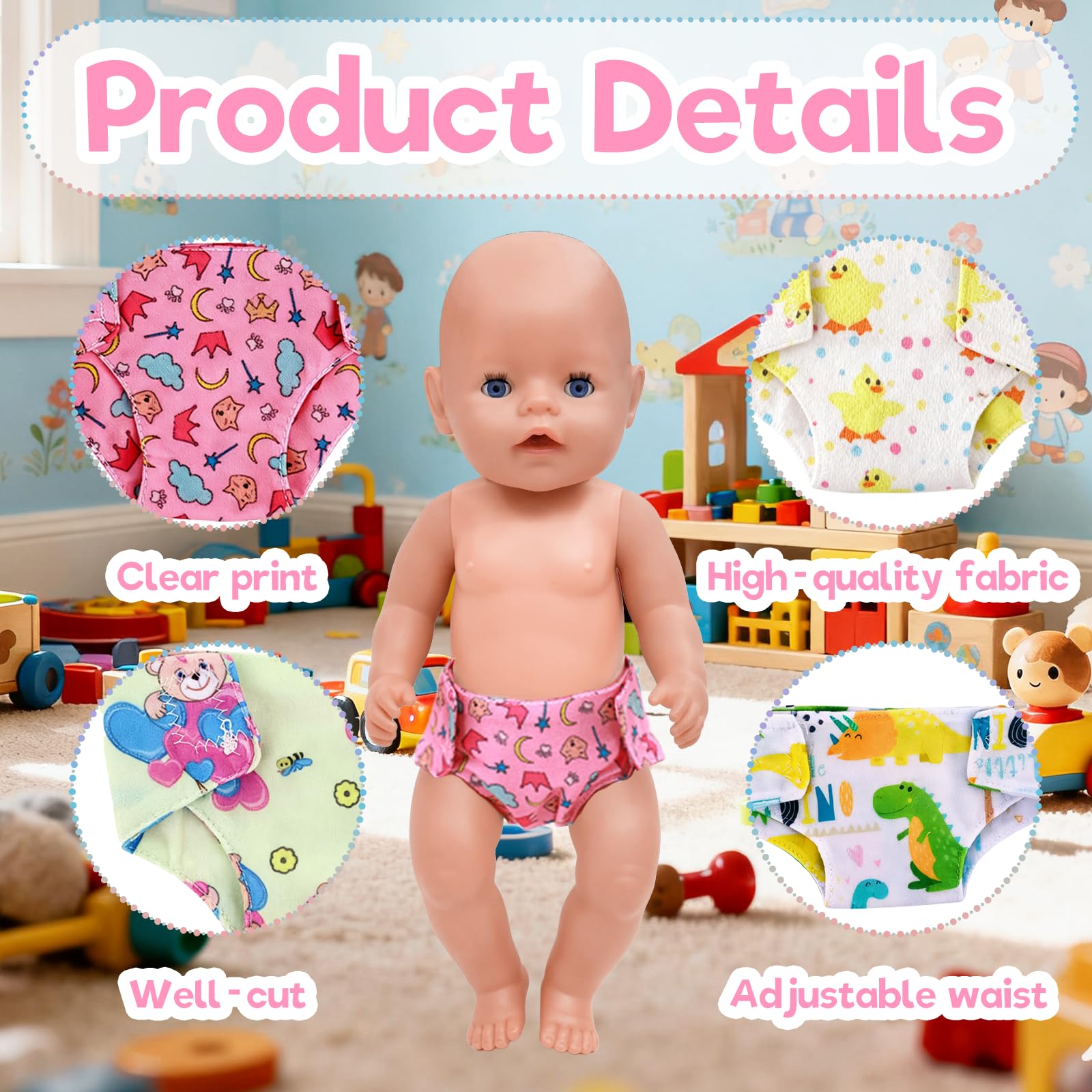 6 Pack Baby Doll Nappies for 14-18 Inch Dolls, Cute Baby Doll Diapers for Dolls 30/43/45 cm - Image 3