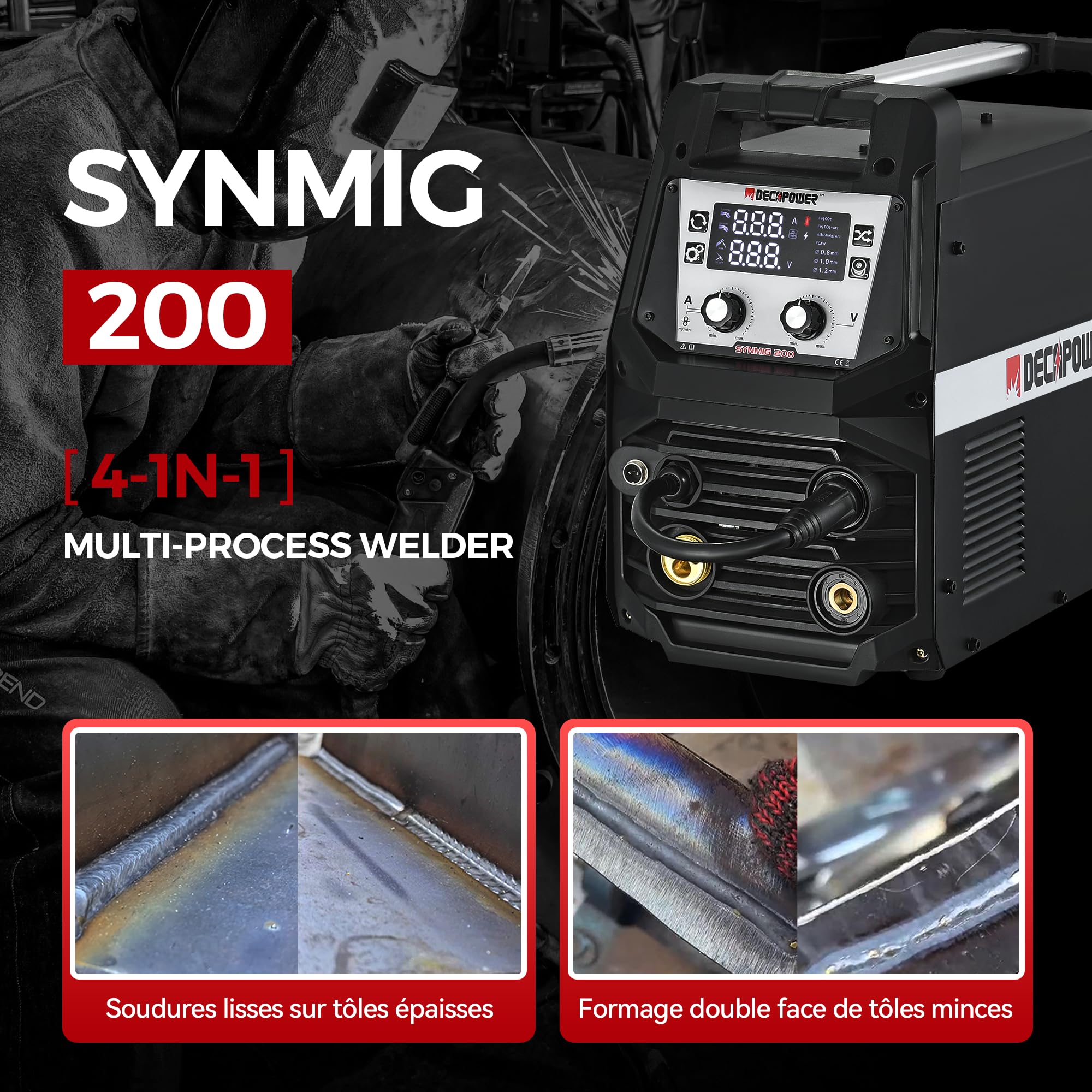 Decapower Poste à Souder SYNMIG-200Amp TIG WIRE 4en1 MIG Sans Gaz, Équipement de soudage