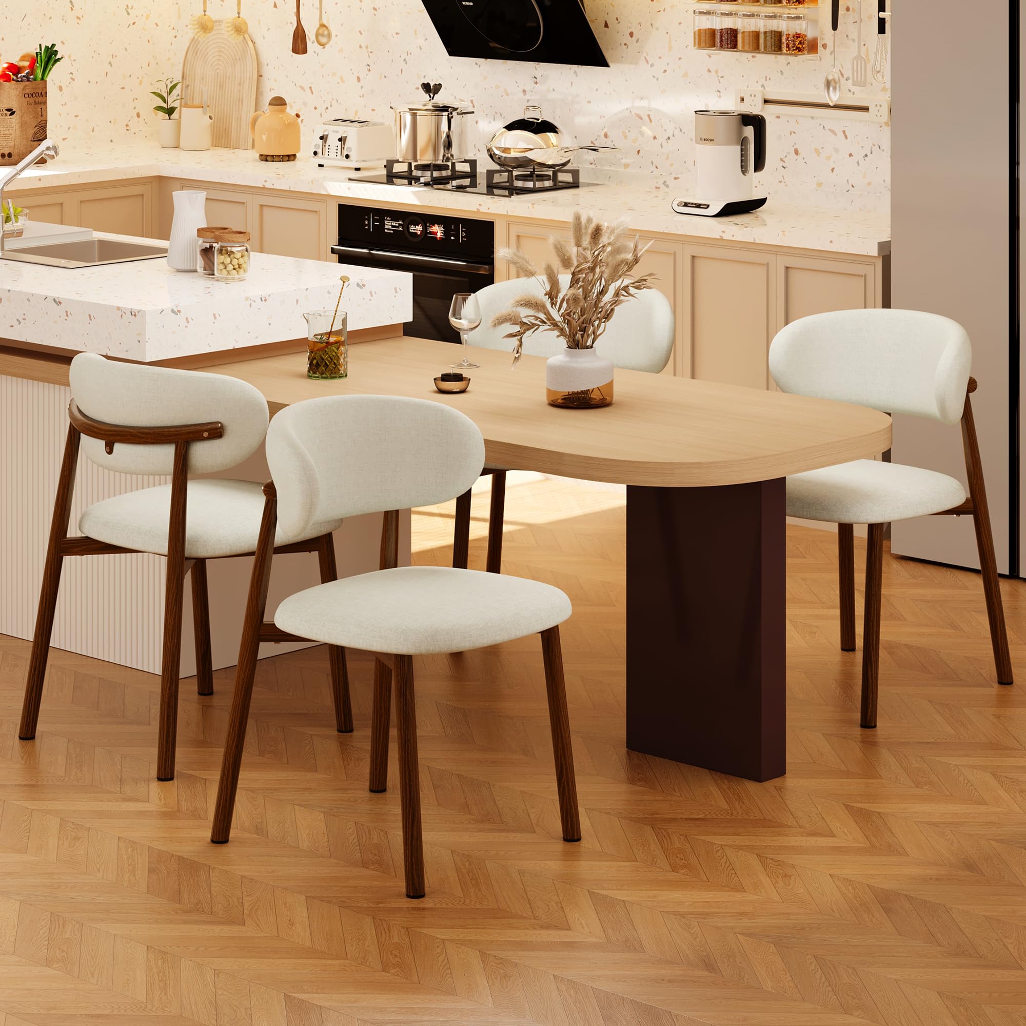 Photo 1 of JCAJCA Kitchen Dining Chairs Set of 4 Modern Soft Linen Farmhouse Dining Room Chair with Metal Legs, Beige/Walnut