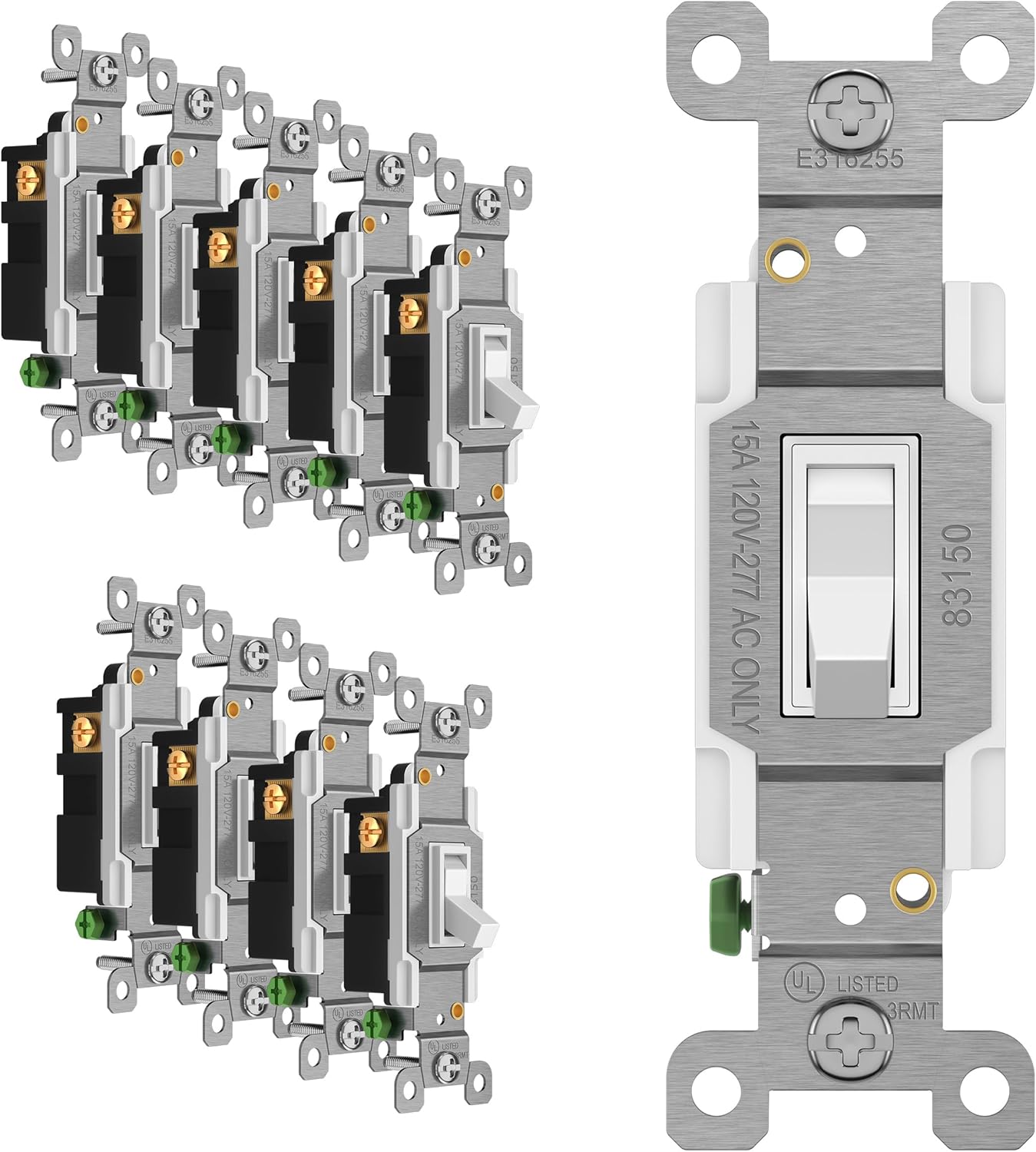 ENERLITES Toggle Light Switch, 3-Way or Single Pole, 15A 120-277V, Grounding Screw, Residential Grade, UL Listed, 83150-W-10PCS, White (10 Pack)
