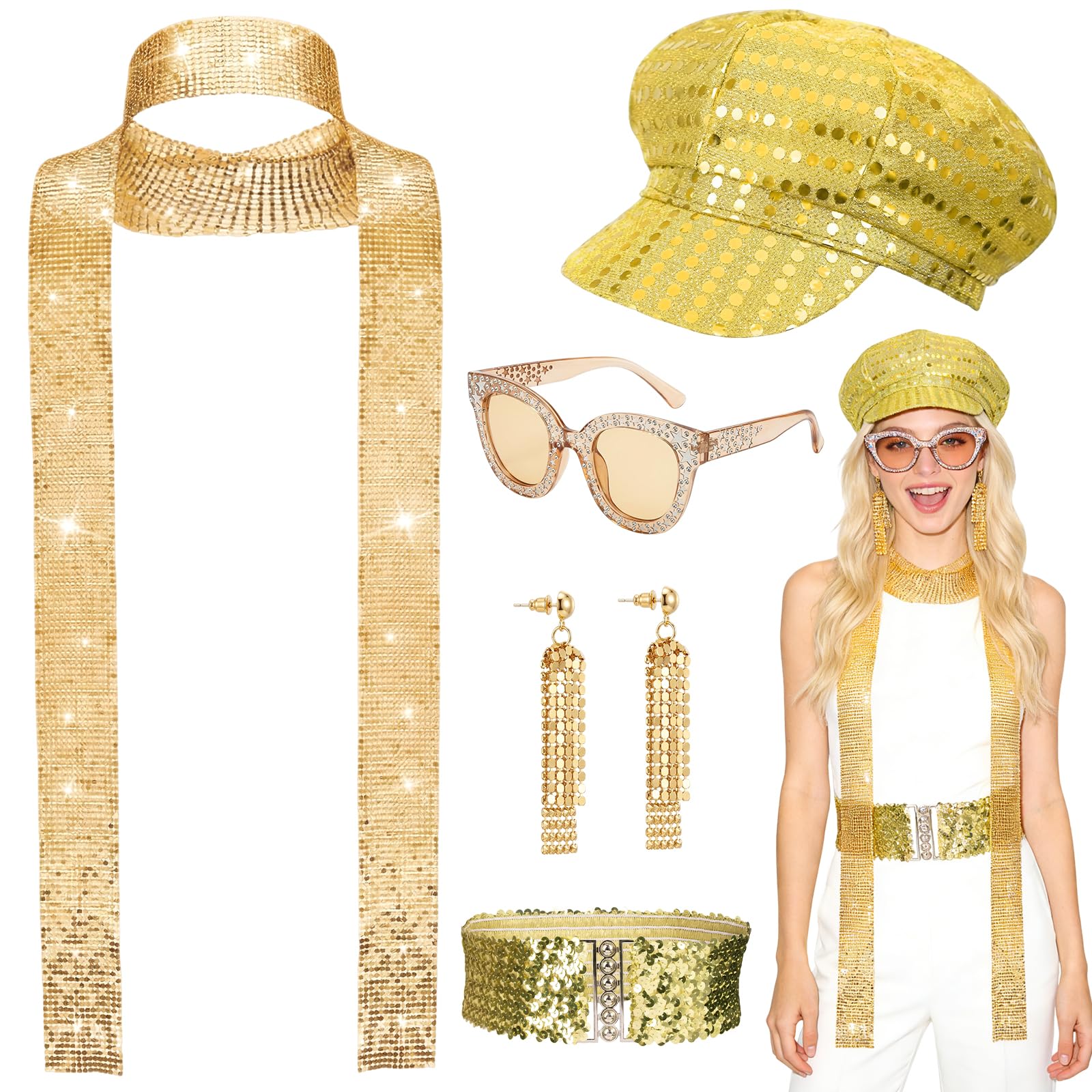 UxClishe 5Pcs 70s Disco Outfit Accessories for Women, Gold Glitter Fancy Dress Set with Sequin Hat Scarf Belt Sunglasses Long Earrings for Retro Hippie Costume Theme Party Carnival