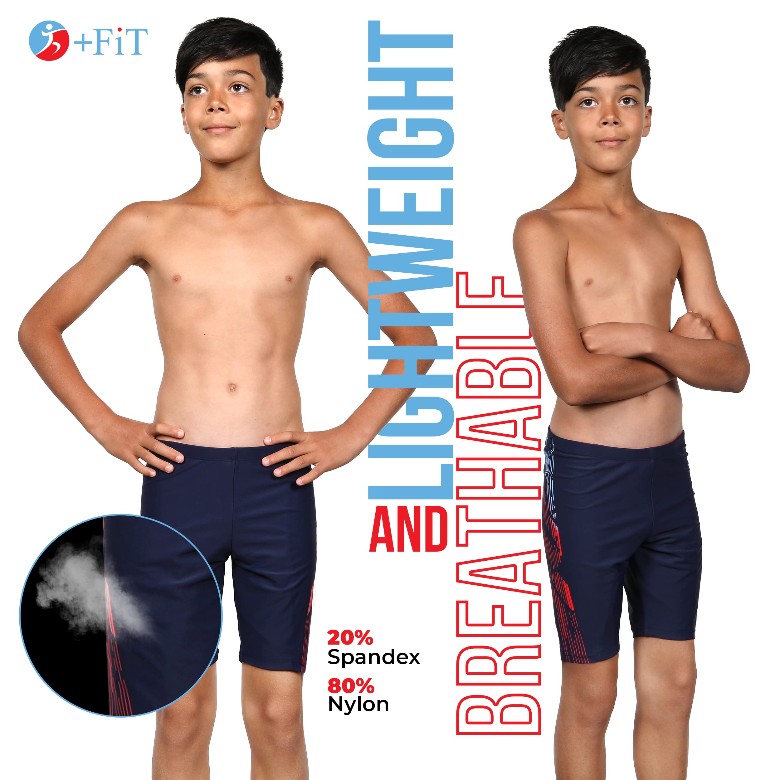 +Fit Boys Jammers for Swimming - Quick Dry Snug Boys Swim Jammers with Drawstring Breathable Fade Resistant Fabric UPF 50 Navy Blue