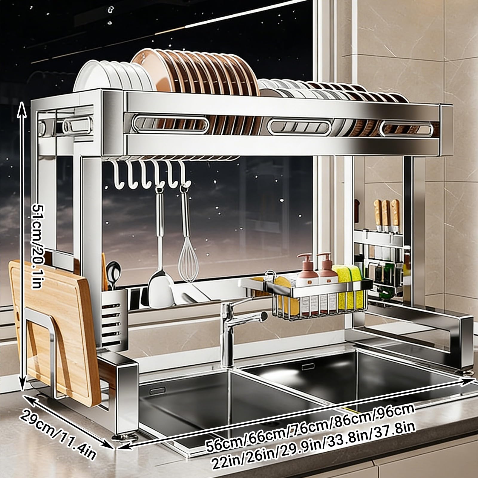 Escurridor de platos de acero inoxidable 304, organizador de encimera de cocina, ahorro de espacio para platos, vasos, cubiertos