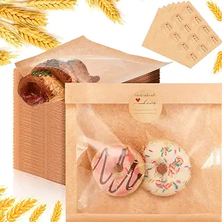 400 Pcs Heat Sealable Bakery Bags with Window 7.1 x 7.5 Inch Grease Resistant Brown Kraft Cookie Bags Pastry Bags with Paper Stickers for Packaging Donut Bread Cookie Goods Sandwich Baked Treat