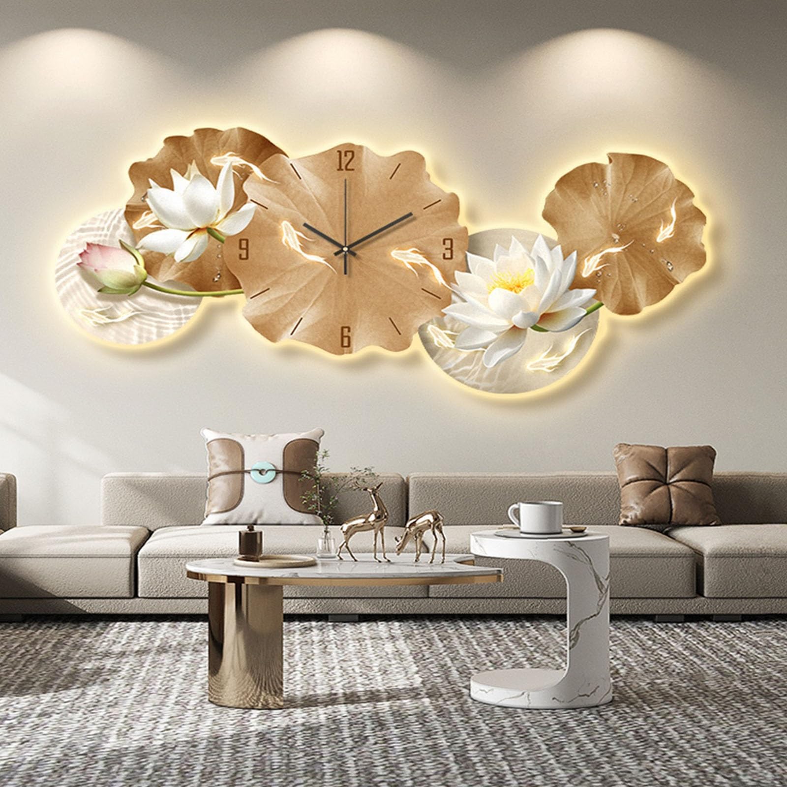 Decorare Lampada da parete grande con decoro fiore di loto e orologio