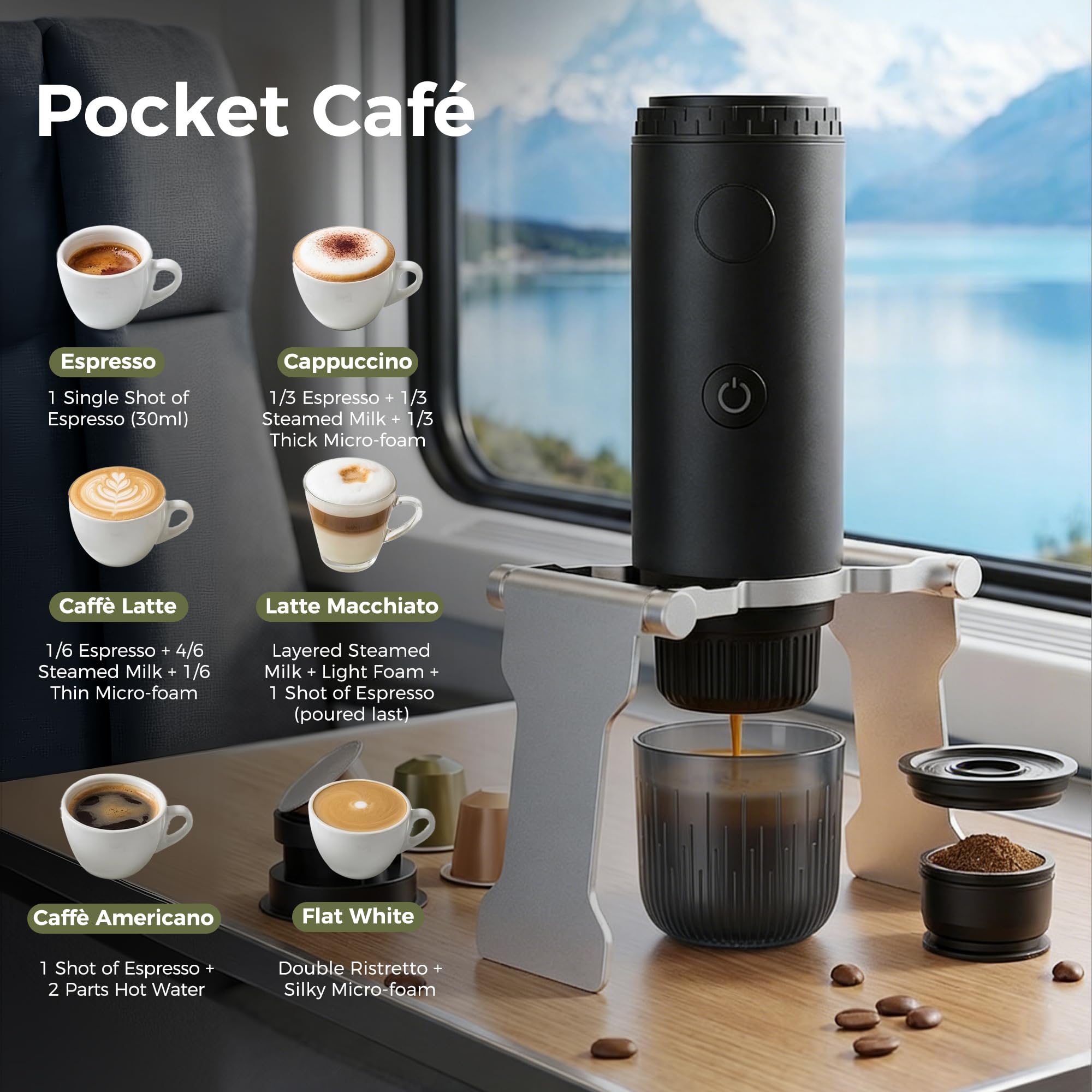 Tragbare Espressomaschine 3-in-1, Elektrische Reise-Kaffeemaschine, 19 Bar, USB-C, für Kaffeepulver, DG & NS Kapseln, Camping, Grün