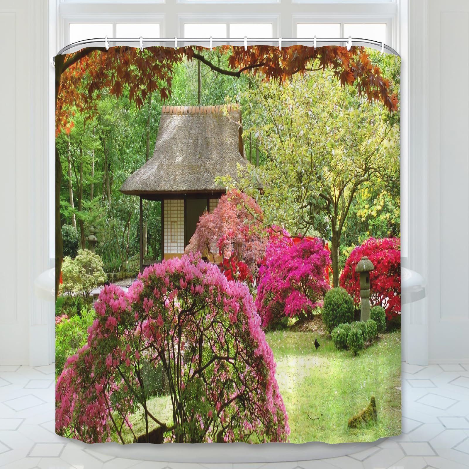 Simpomsy Garden Shower Curtain 3D Garden View Flowers Trees Outdoor Nature Scenery Waterproof Cloth Fabric Bathroom Decor Set including Hooks 150x180cm - Image 4