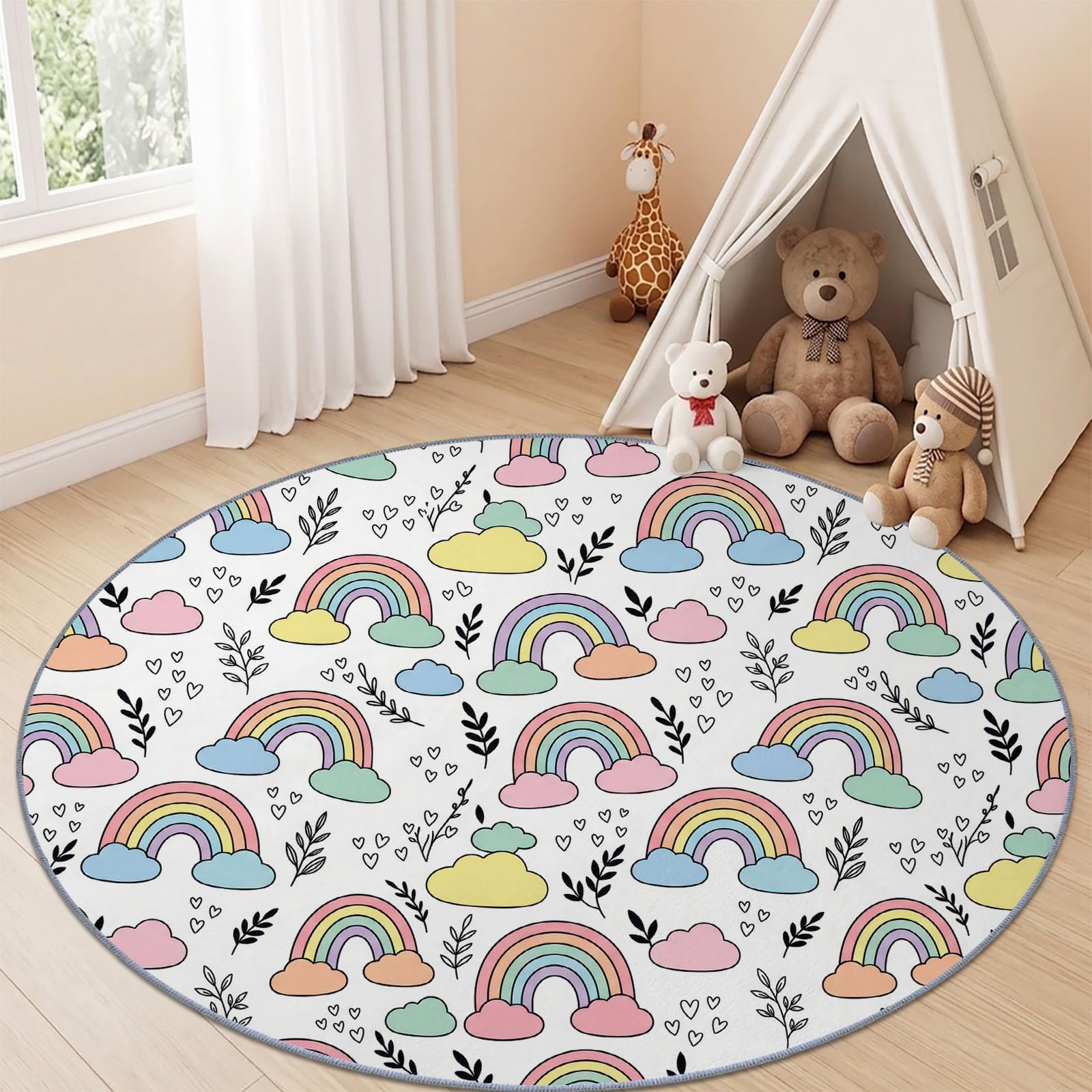 Tappeto rotondo lavabile da 200 cm, morbido, con motivo arcobaleno con nuvole e cuori, con retro antiscivolo, lavabile in lavatrice, per cameretta dei bambini, colorato