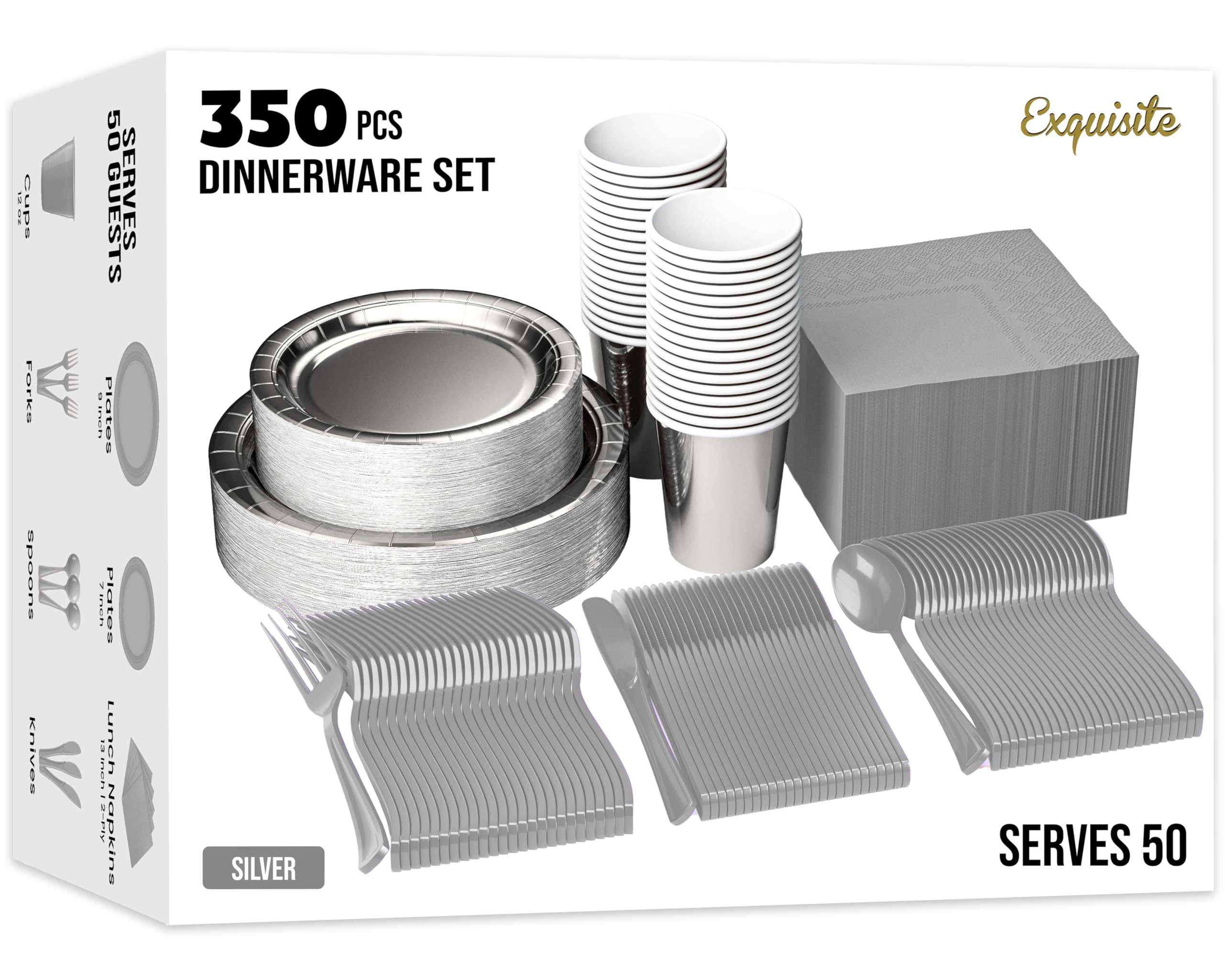 Exquisite 350 Pcs Silver Paper Plates For Party, Silver Disposable Plates Set, 50 Of Each 9" Dinner Plate Set, 7" Dessert Plate, Cups, Napkins &