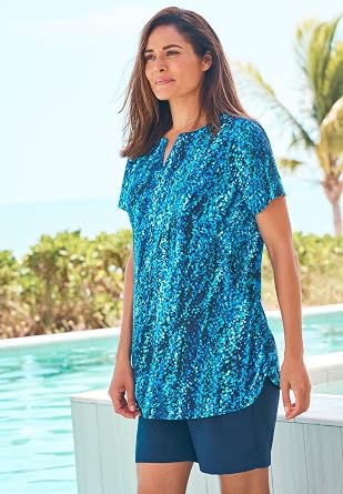Split-Neck Short-Sleeve Swim Tee with Built-in Bra