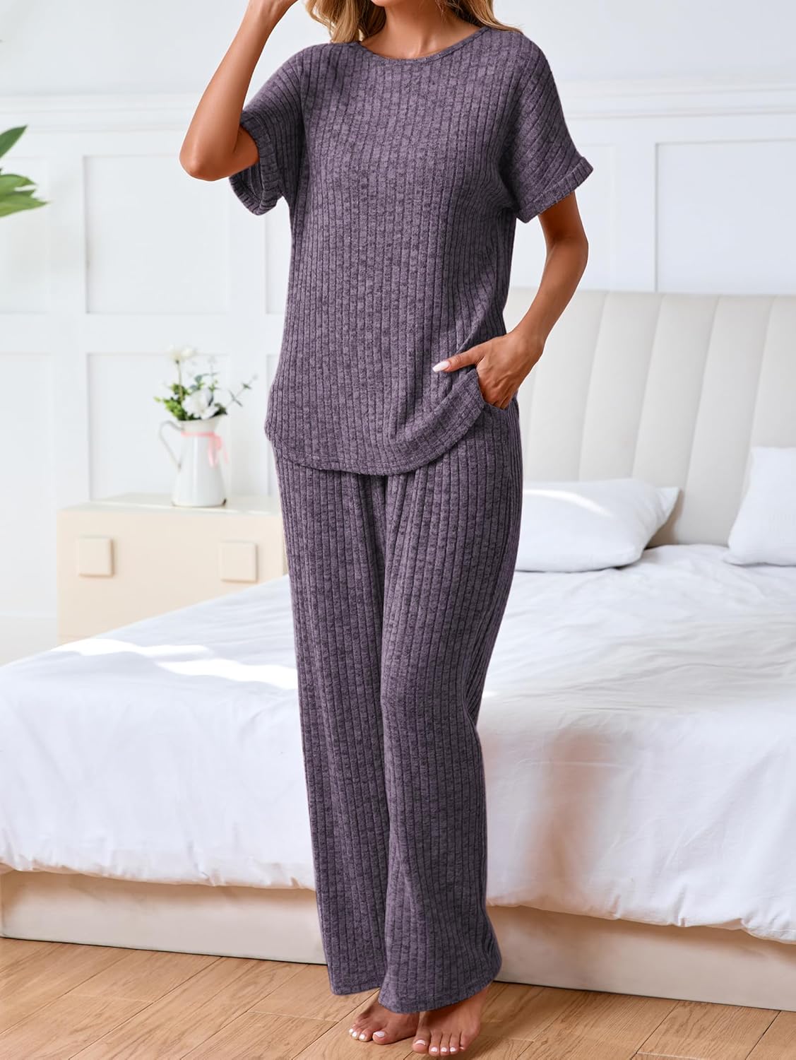 Famulily Womens 2 Piece Ribbed Knit Set Short Sleeve Top and Wide Leg Pants with Pockets Matching Lounge Set - Image 4