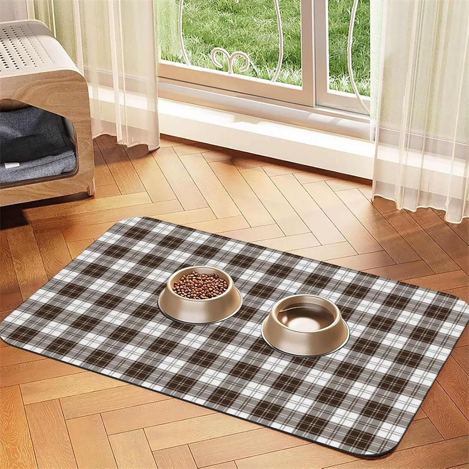 Brown and White Tartan Plaid Leather Absorbent Pet Feeding Mat Non-Slip for Dogs Cats 40x60cm