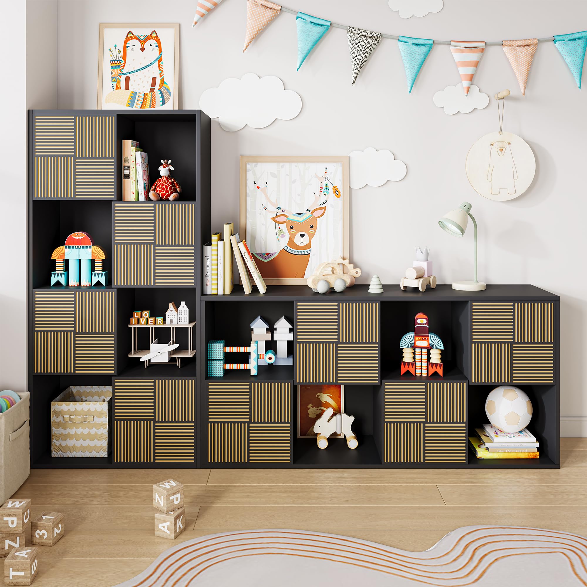 Würfelregal Bücherschrank mit 8 Fächer, Schwarz Bücherregal Raumteiler Regal für Wohnzimmer,Büro,Kinderzimmer, MDF Holz,Horizontal oder Vertikal