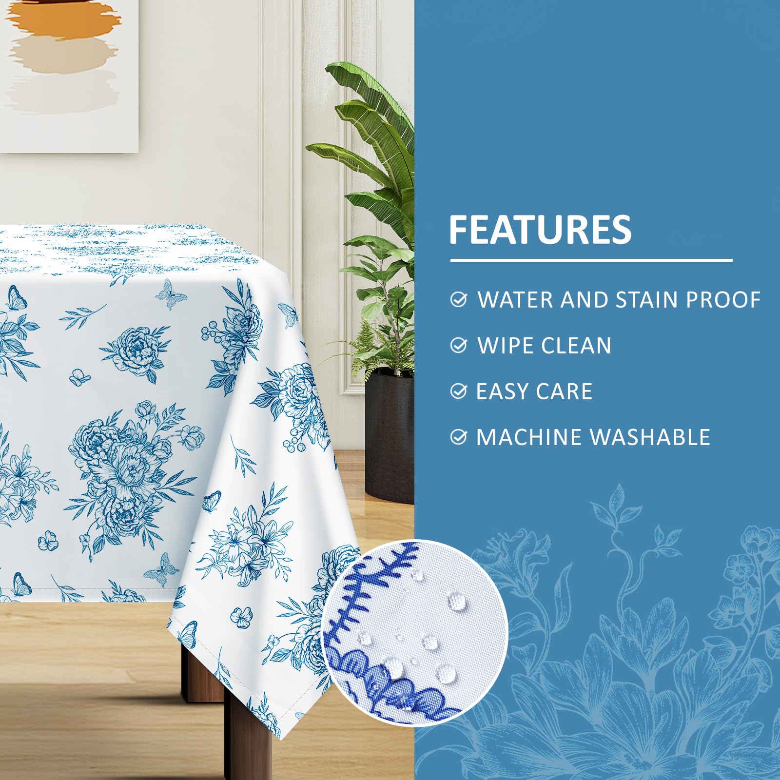 Arquiel Rustic Blue Floral Tablecloth Waterproof, Watercolor Flower Table Cloth Rectangle Stain Resistant - Image 2