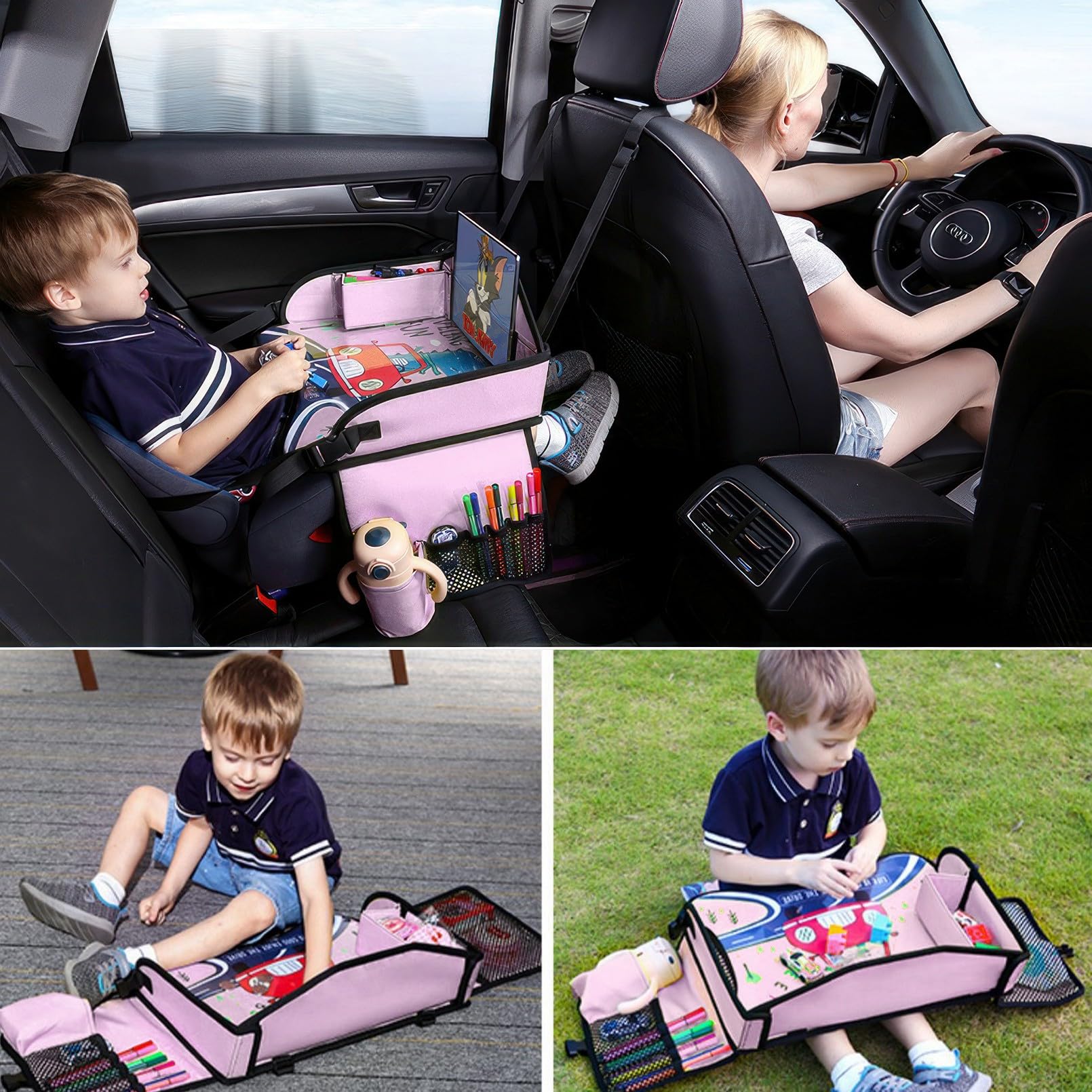 Vassoio da viaggio per bambini per seggiolino auto per, vassoio da viaggio per auto, aereo, vassoi per auto per bambini, accessori essenziali per viaggi su strada, con 15 sacchetti