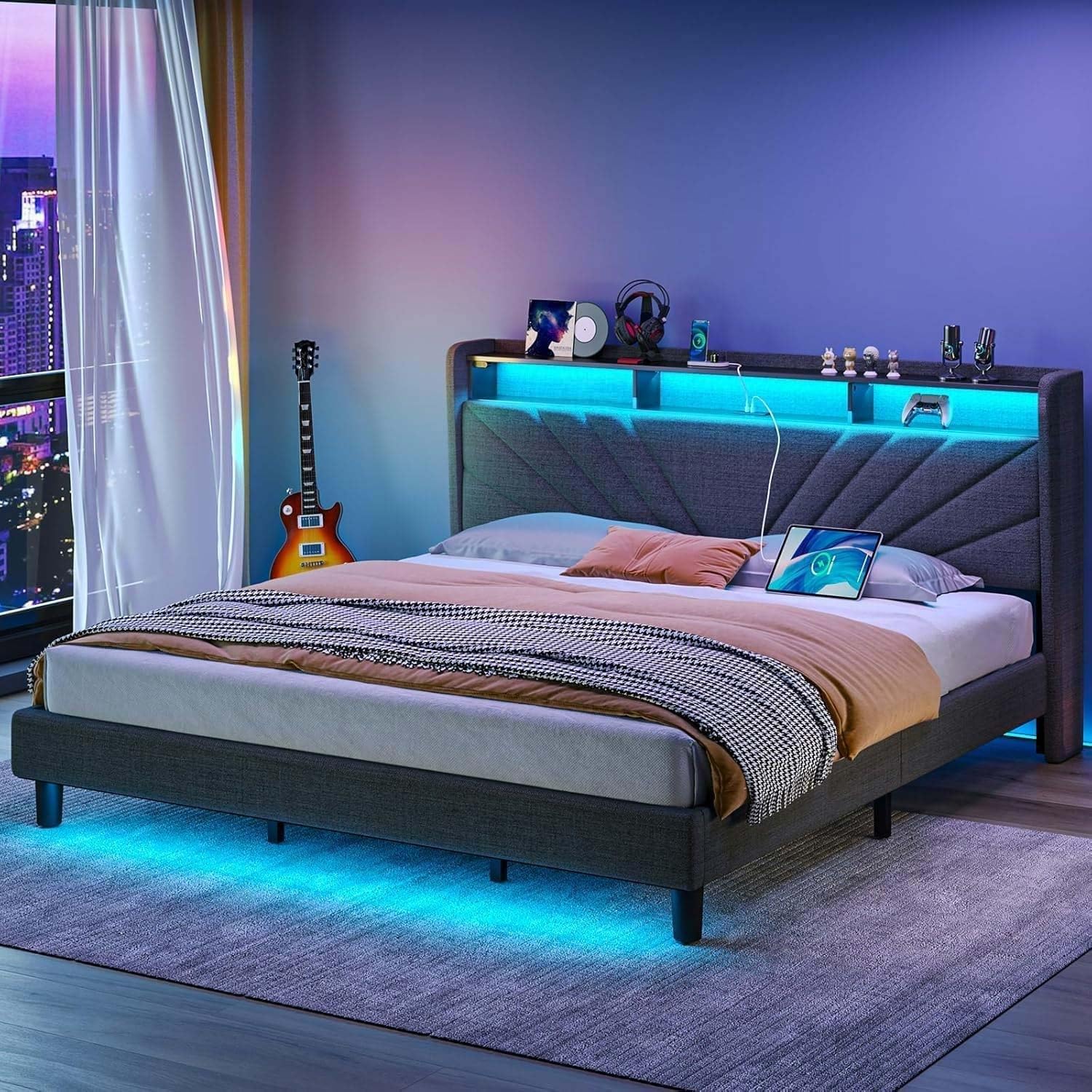 Rolanstar King Size Bed Frame, Storage Headboard with Charging Station and LED Lights, Upholstered Bed with Heavy Duty Wood Slats, No Box Spring Needed, Noise Free, Easy Assembly, Dark Grey