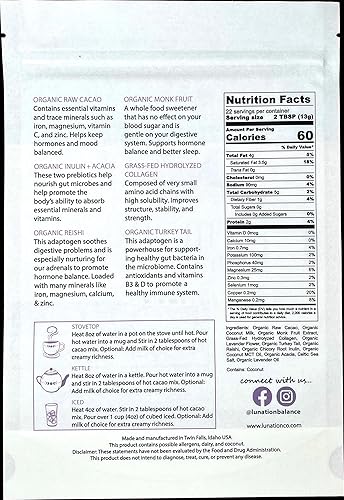 Miniatura 8 de Lunation Hormona Chocolate caliente  Cacao orgánico en polvo y adaptógenos de apoyo  Ingredientes de sincronización del ciclo femenino  Maca,