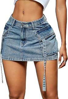 LOLILRSD Women's Low Waist Denim Cargo Mini Skirt Y2K Jean Style with Pockets - Stretchy Cotton Comfort