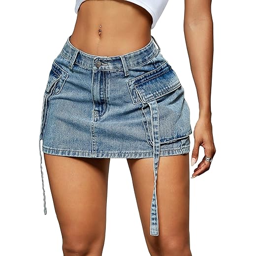 Women Cargo Skirt Denim Mini Low Waist Y2K Jean Skirts with Pockets