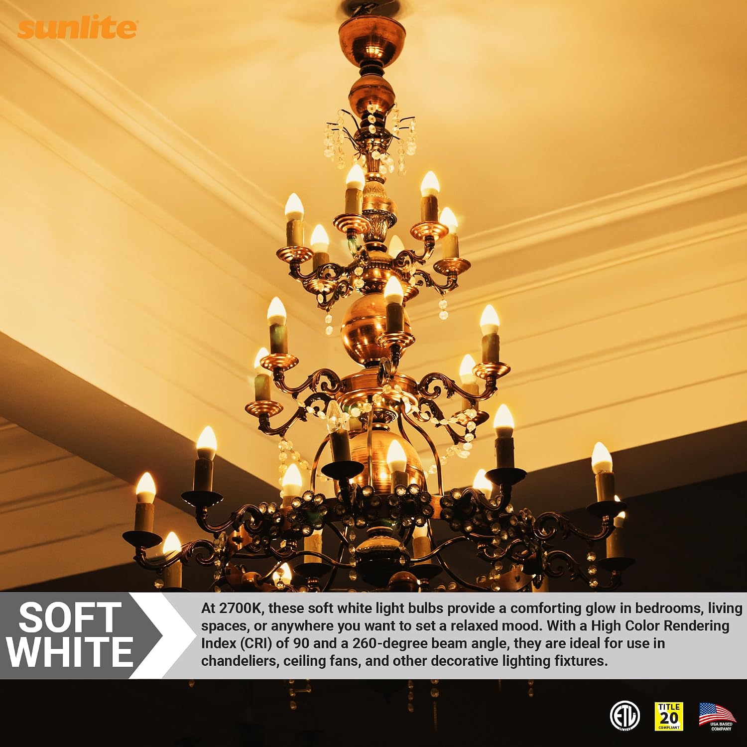 Sunlite LED B11 Frosted Chandelier CTF Light Bulb, 4.5 Watts (40W=), 300 Lumens, 120 Volts, Dimmable, Candelabra E12 Base, 90 CRI, ETL Listed, Torpedo Tip, 2700K Soft White, 6 Pack
