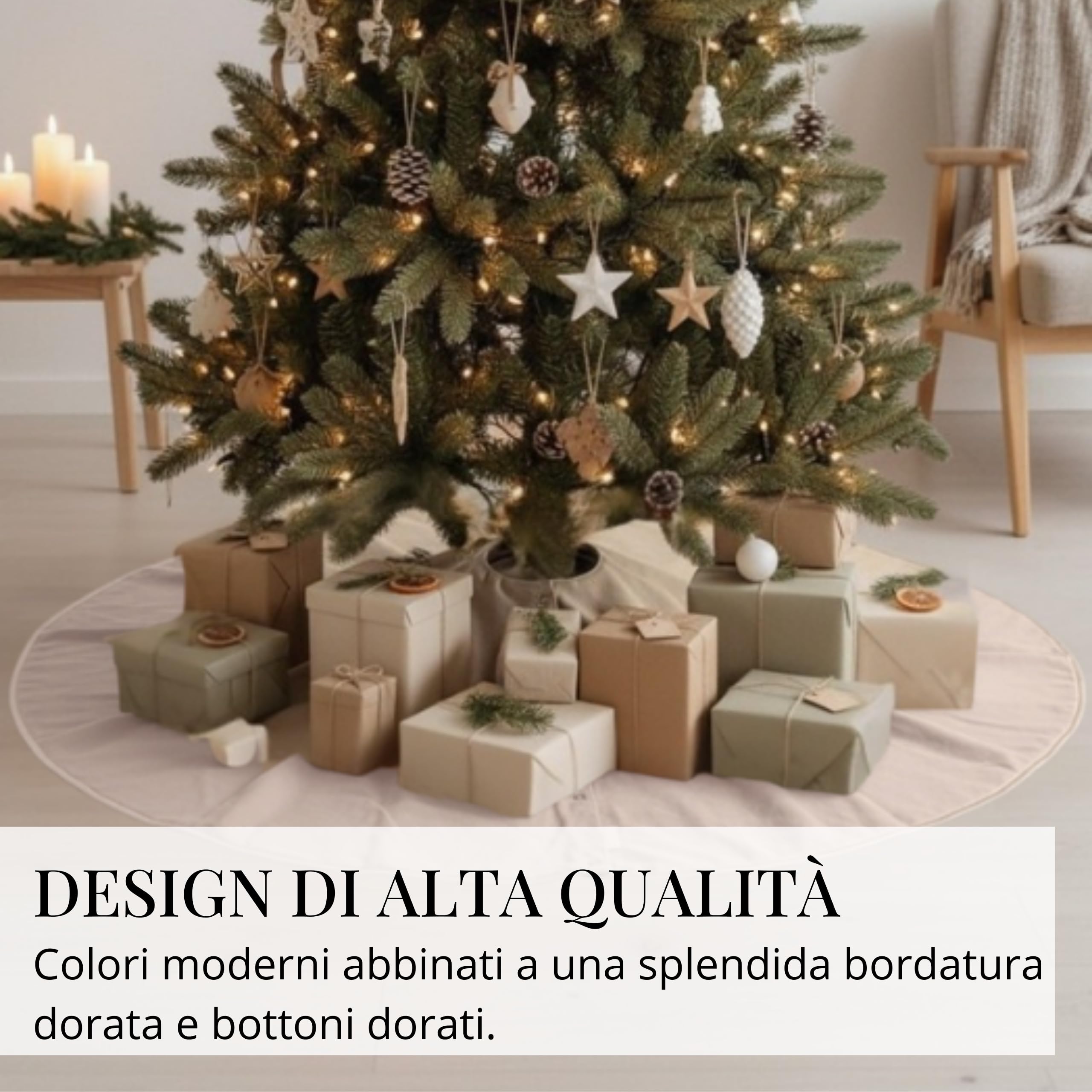 LIVLIG Gonna per Albero di Natale Ø120 cm in 100% Cotone Beige/Verde – Tappeto Rotondo Reversibile 2-in-1 con Bordo Dorato, Copertura Decorativa per Il Piede dell’Albero