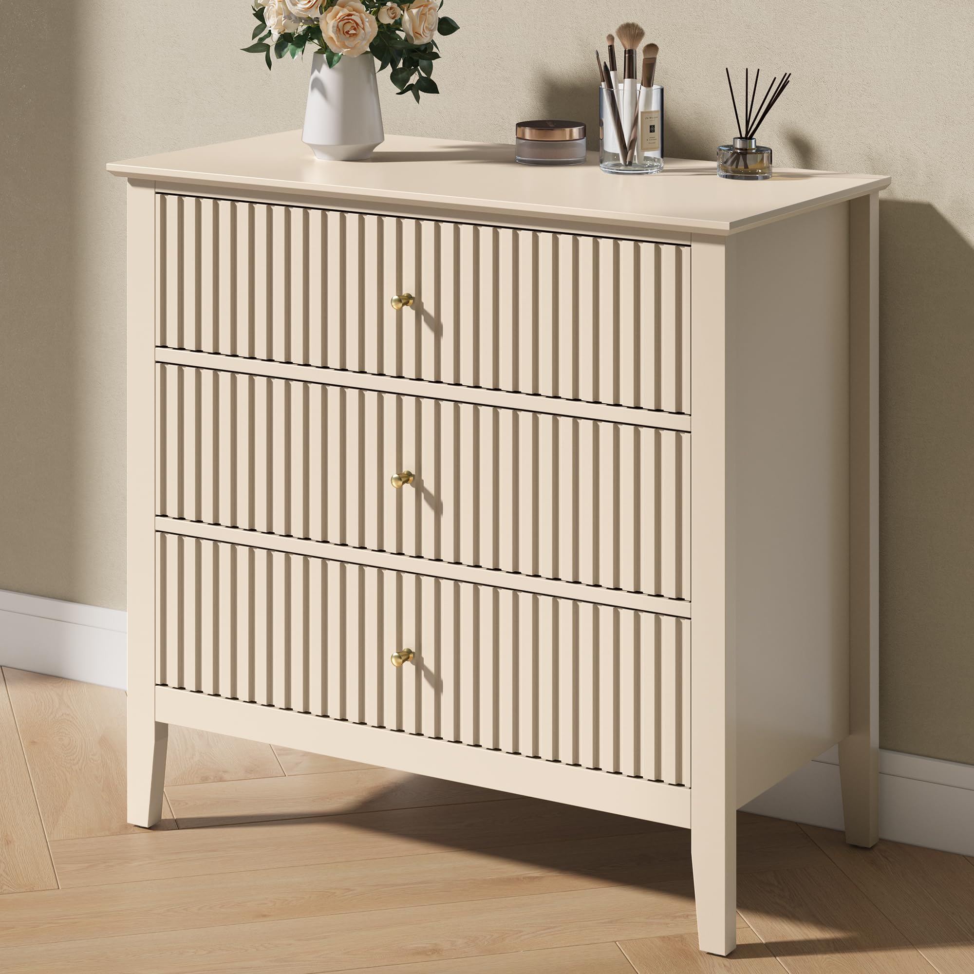 SUNVIVI Fluted Dresser for Bedroom: 3 Drawers Modern Nightstand, Wide Chest of Drawers Beige with Spacious Storage, Eco-friendly Wooden for Living Room/Entryway/Hallway (Beige, 3 Drawers Dresser)