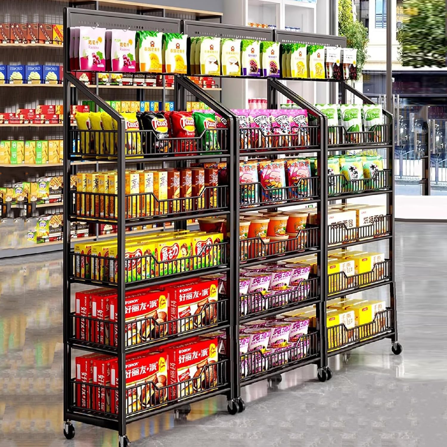 Scaffale per Snack a 5 Livelli del Supermercato, Mensole in Metallo con Ruote, Organizzatore di Snack da Pavimento per Negozi, Supermercati e Cucine, 15 Ganci