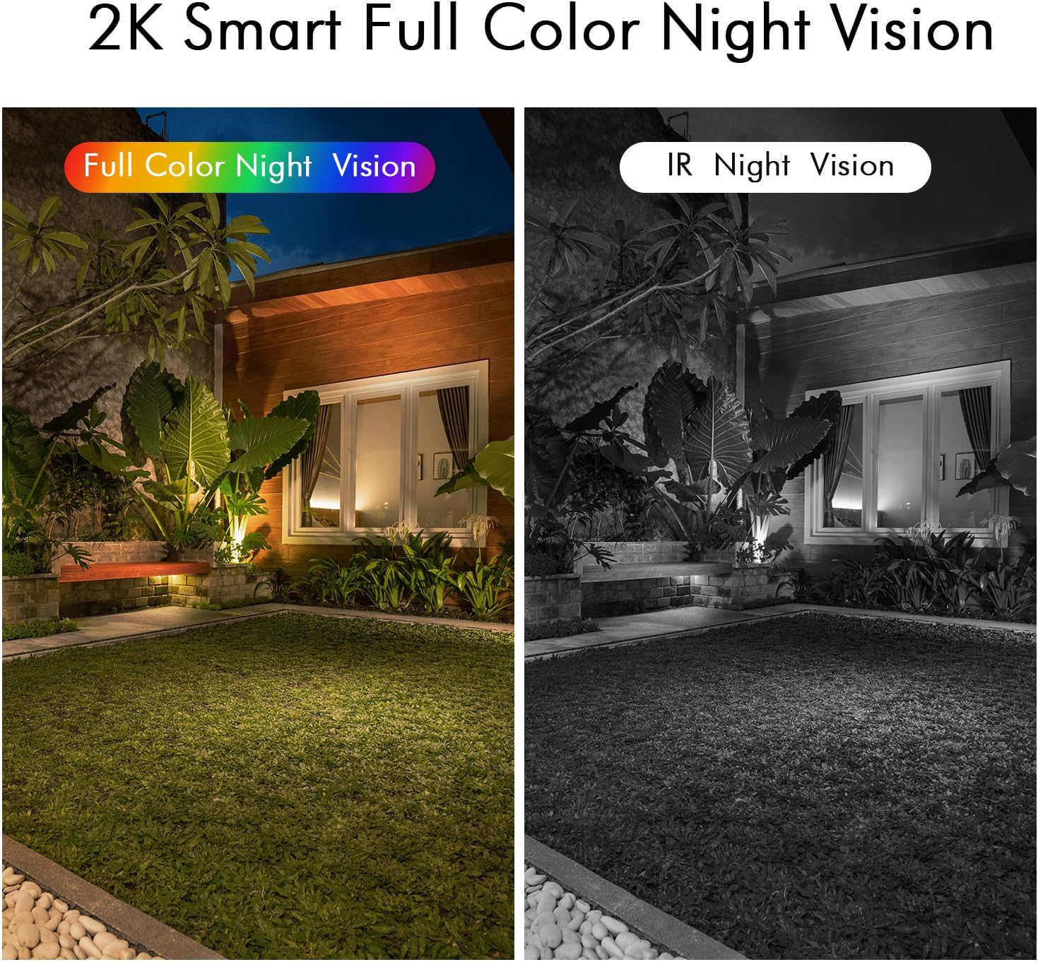 Comparison of full color night vision and infrared night vision from the Menggood camera, showing clear, colorful images versus black and white.
