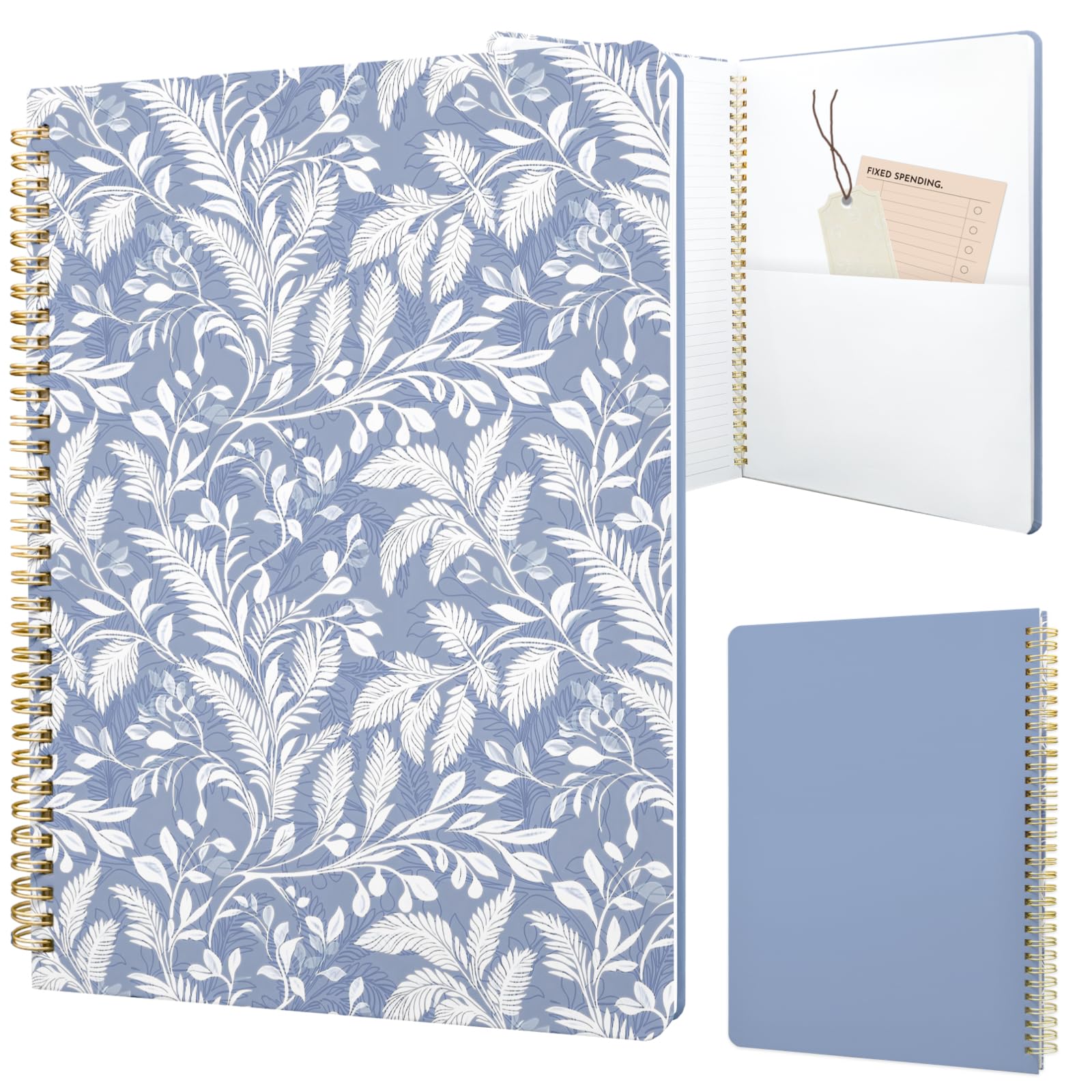 Cute Spiral Notebook 8.5 x 11 lined Journal A4 with Pocket, Leaves