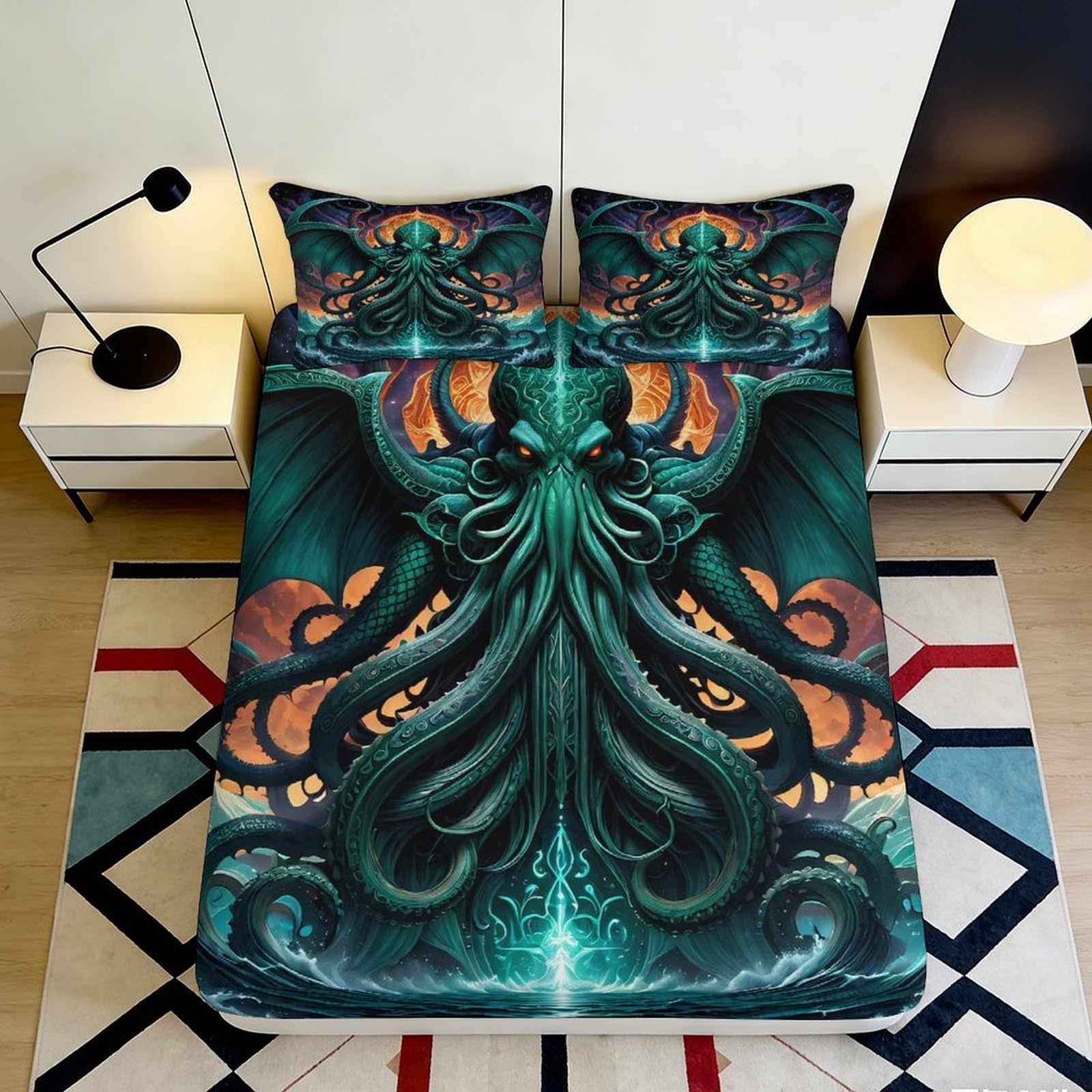 3D Printed Cthulhu Tentacle Fitted Sheet Microfiber Soft Dark Fantasy Octopus Bed Cover for Bedroom Dorm Decor 90x200x25cm