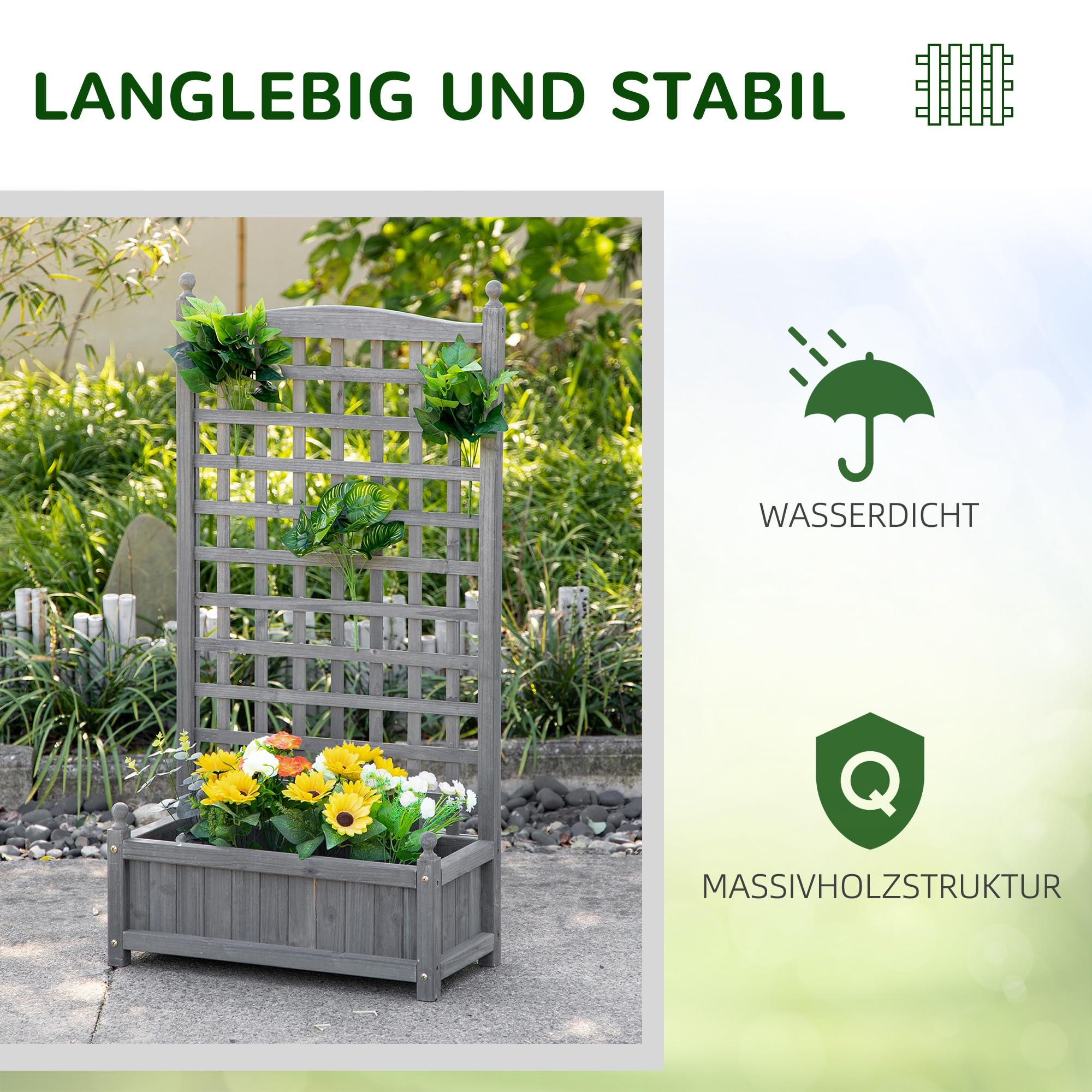Outsunny skrzynka na rośliny z kratką, skrzynka na kwiaty, skrzynka z kratką, pergola dla roślin pnących, ogród, drewno, jasnoszara, 64 x 28 x 120 cm | Stojak na kwiaty, drewniana skrzynka na rośliny pnące, otwory do wycieków, ogród, balkon