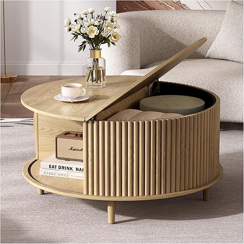 Miniatura 22 de SULIVES Mesa de centro redonda con almacenamiento, mesa de centro moderna de mediados de siglo con puerta corredera, mesa central acanalada con