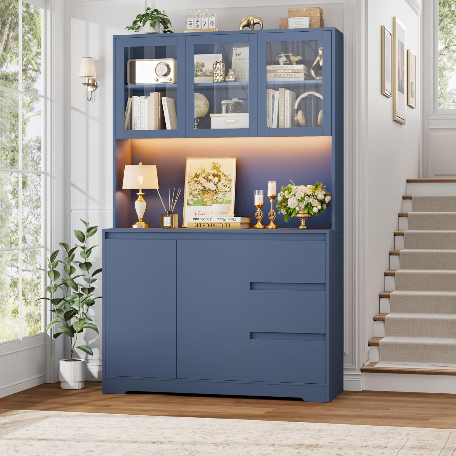 FINETONES 71" Kitchen Pantry Cabinet with LED Lights and Charging Station, Modern Kitchen Hutch Cabinets with Storage and Microwave Stand, Pantry Cabinet Buffet with Countertop, Blue
